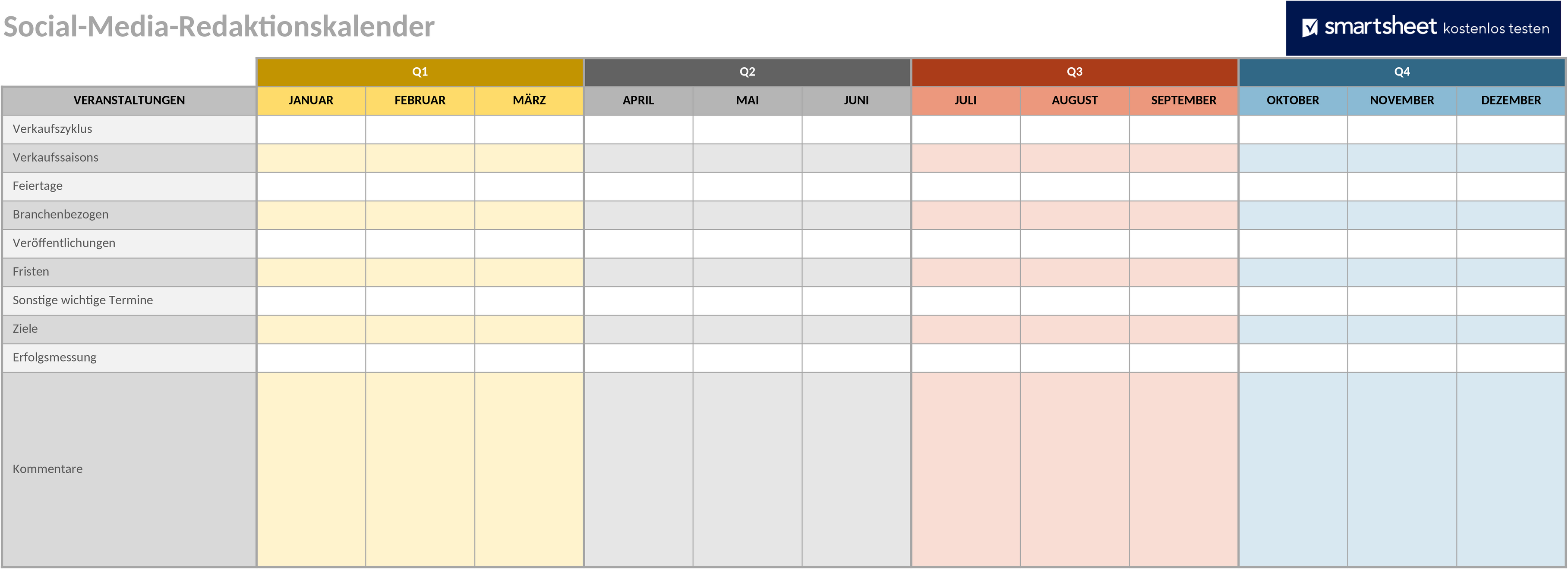 Excel-Vorlage für Social Media Redaktionskalender