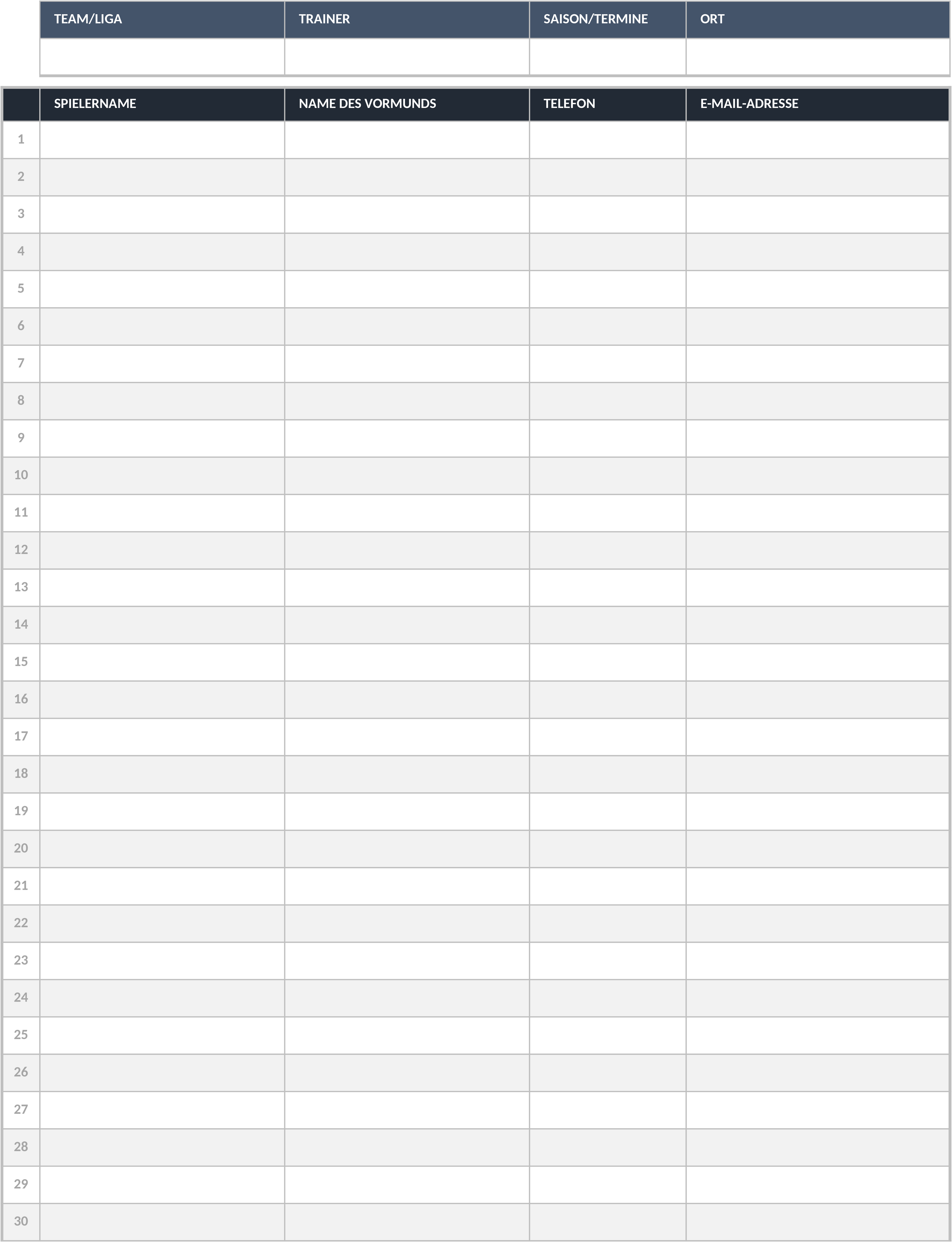 Excel-Vorlage für Sportteam-Kontaktliste
