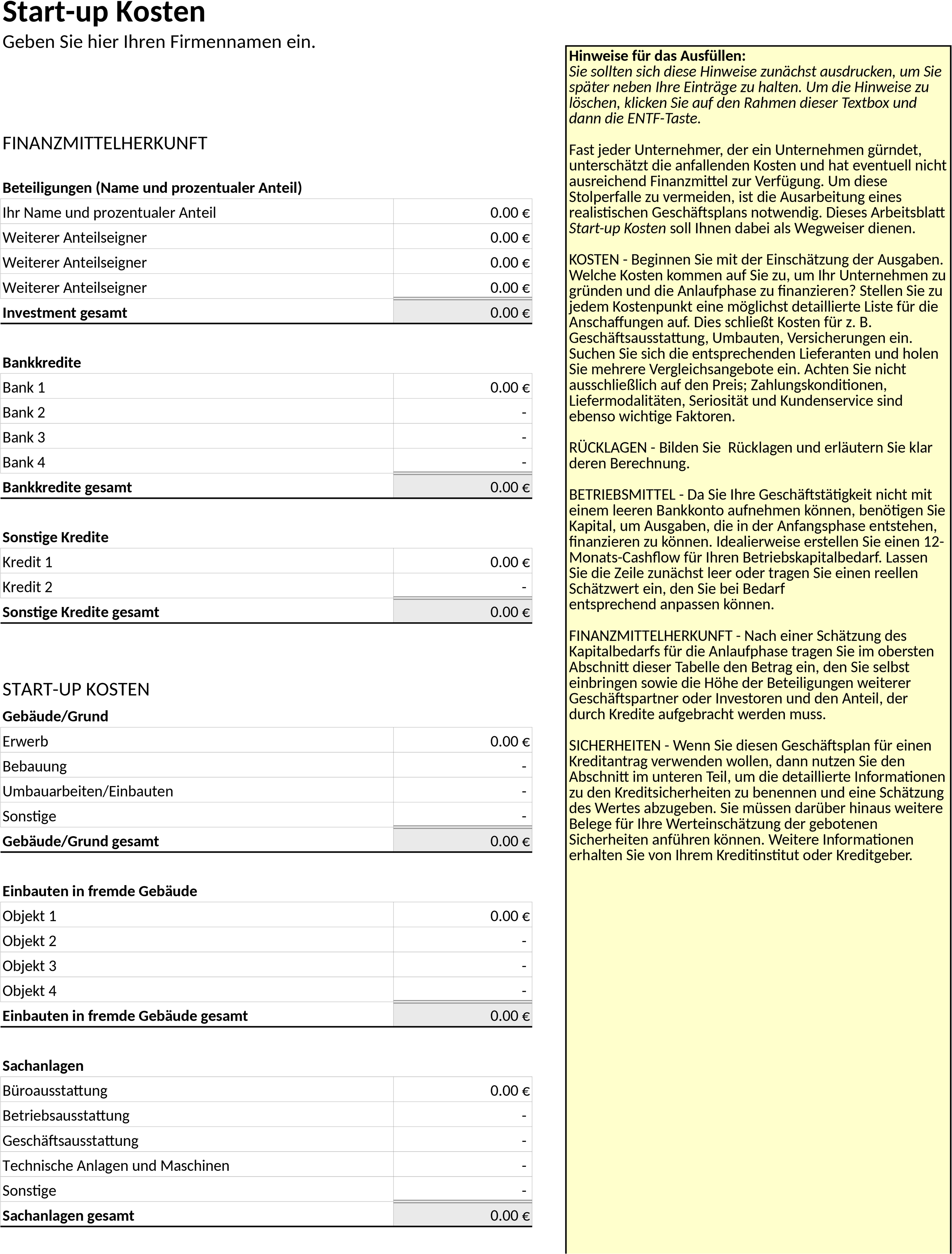 Excel-Vorlage für Start-up-Kostenanalyse