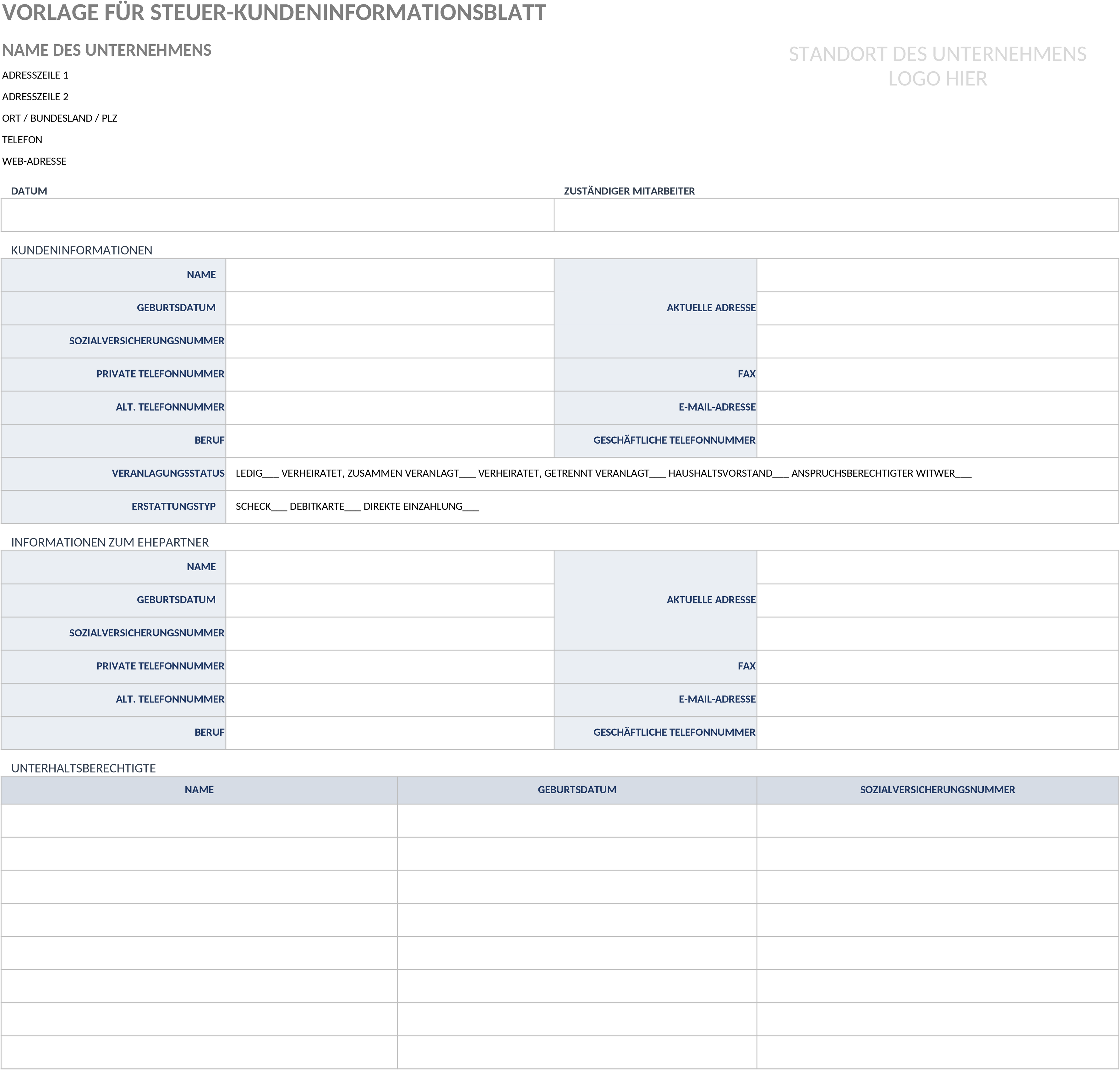 Excel-Vorlage für Steuerkunden-Informationsblatt