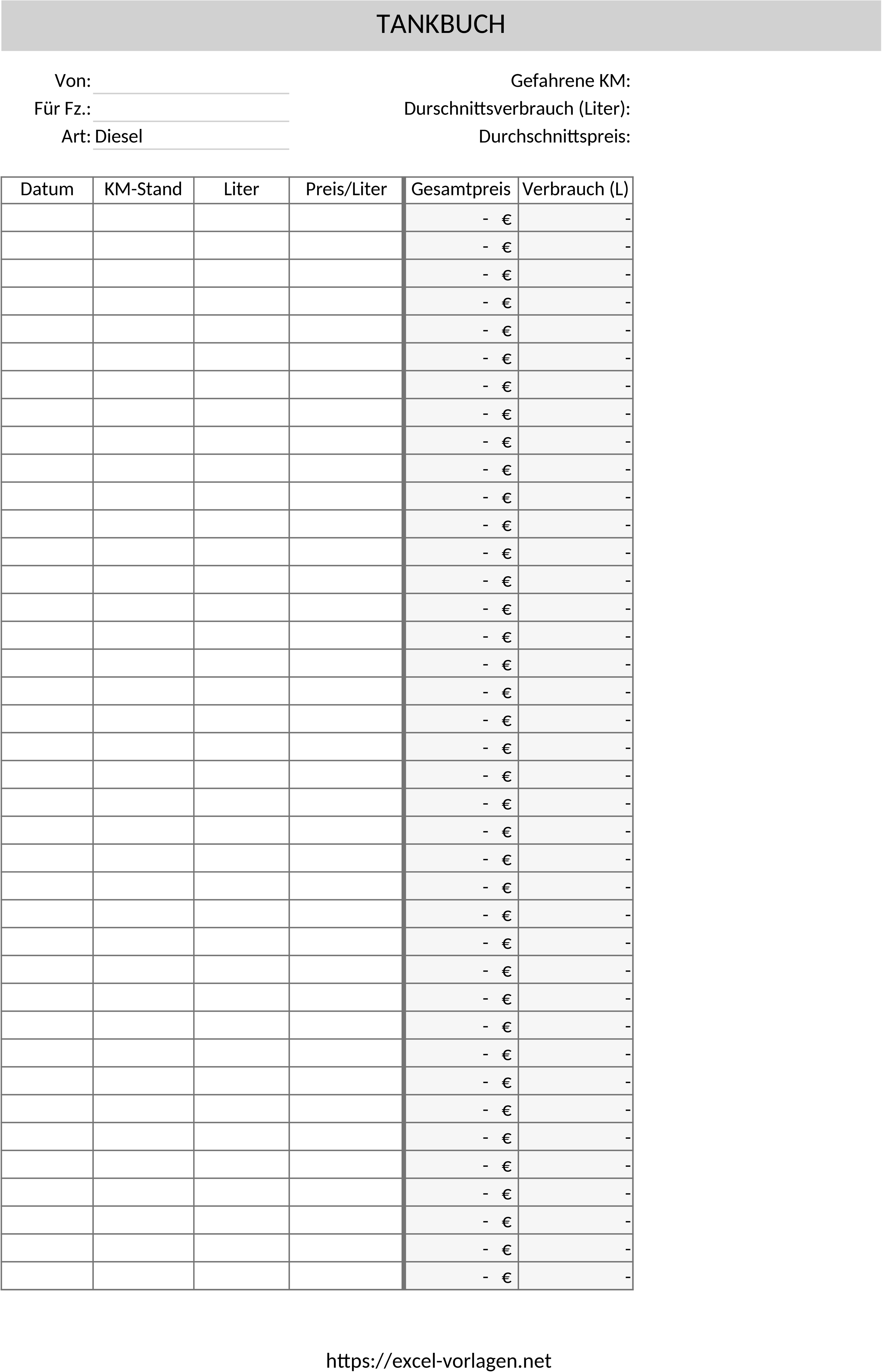 Tankbuch Excel-Vorlage für Fahrzeugkostenkontrolle