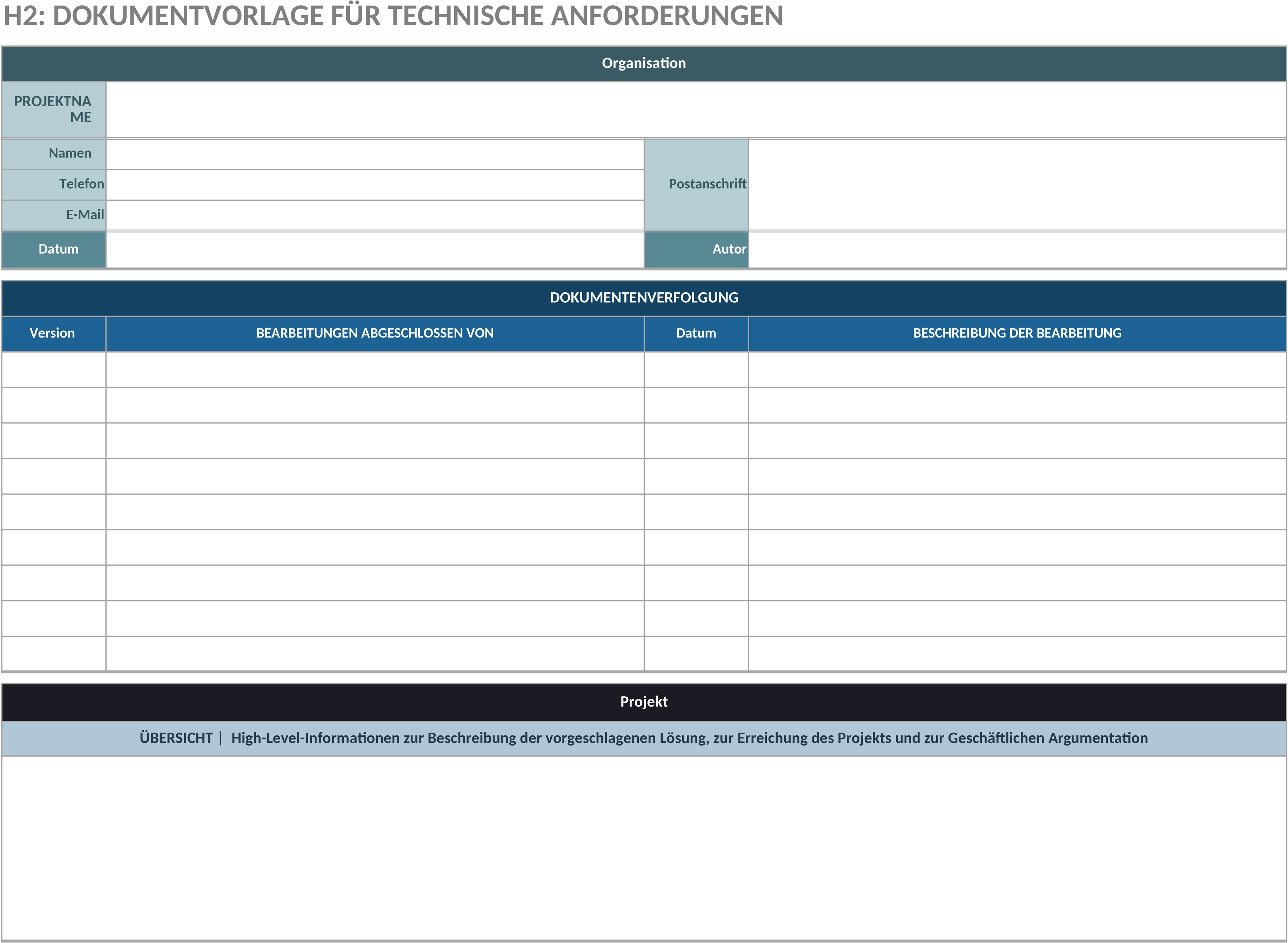 Excel-Vorlage für Technische Anforderungsdokumente
