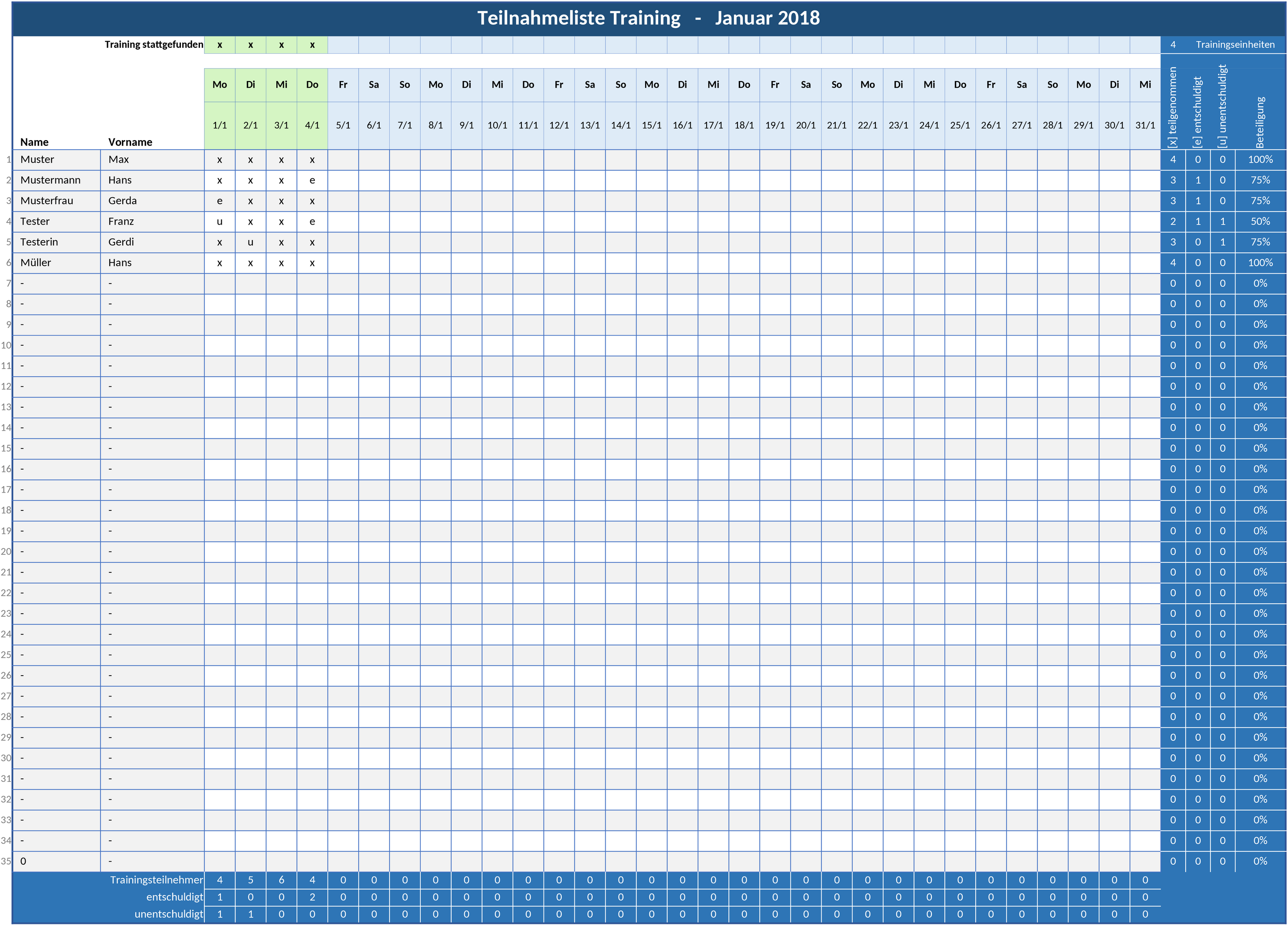Excel-Vorlage für Trainings-Teilnahmelisten