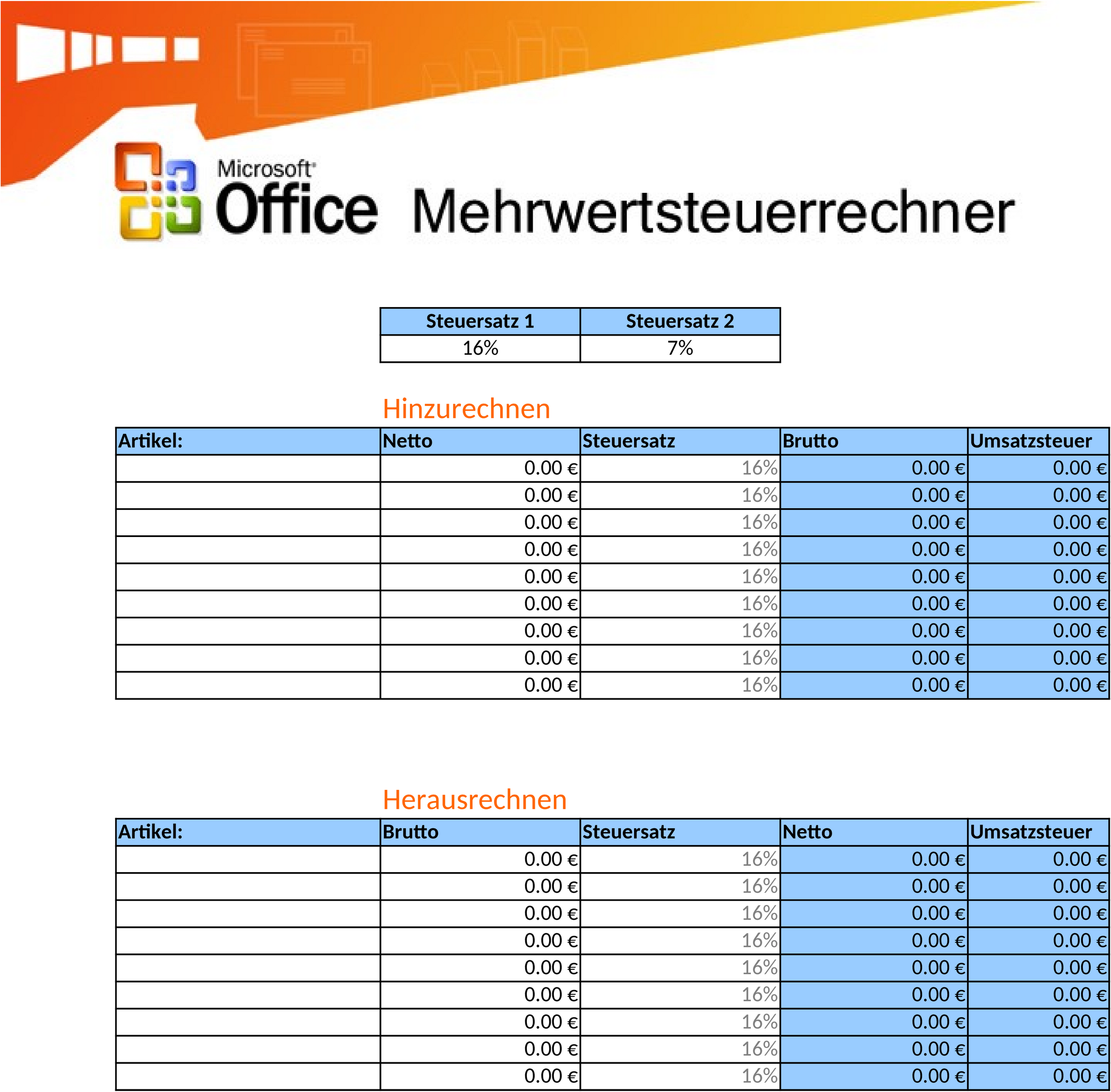 Excel-Vorlage für Umsatzsteuerberechnung