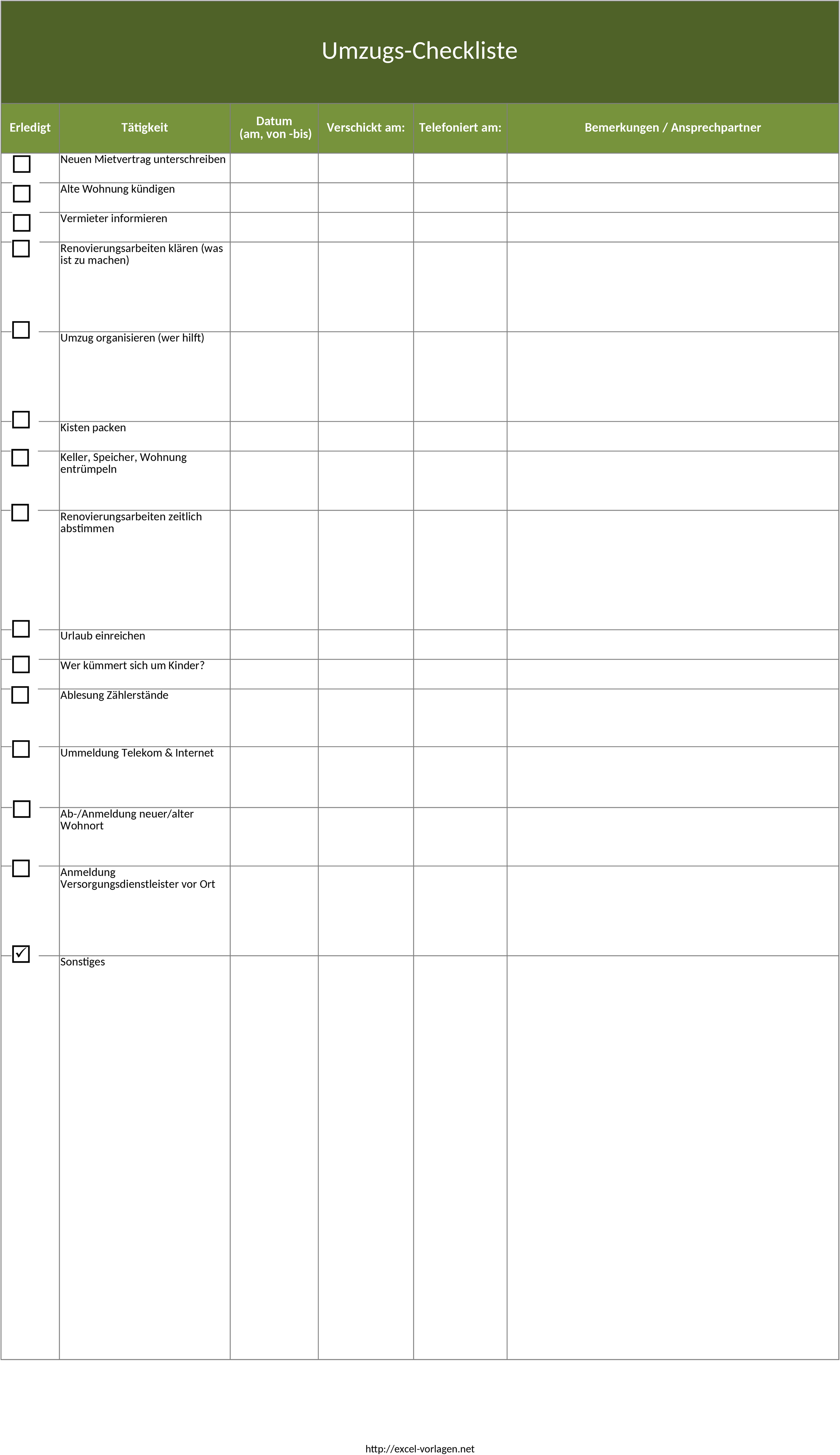 Excel-Vorlage für Umzugsplanung und Checkliste