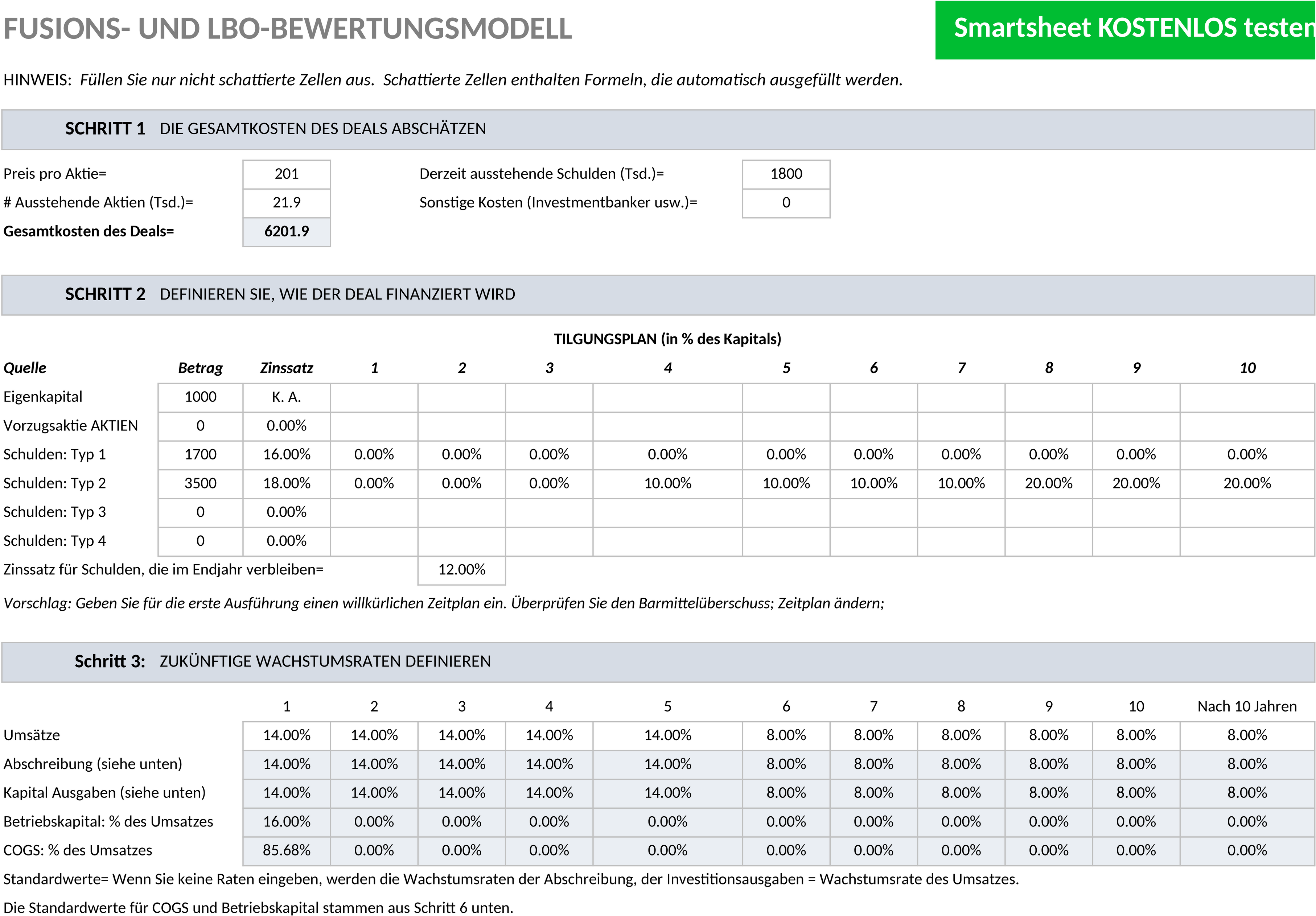 Excel-Vorlage für Unternehmensfusionen und LBO-Bewertung