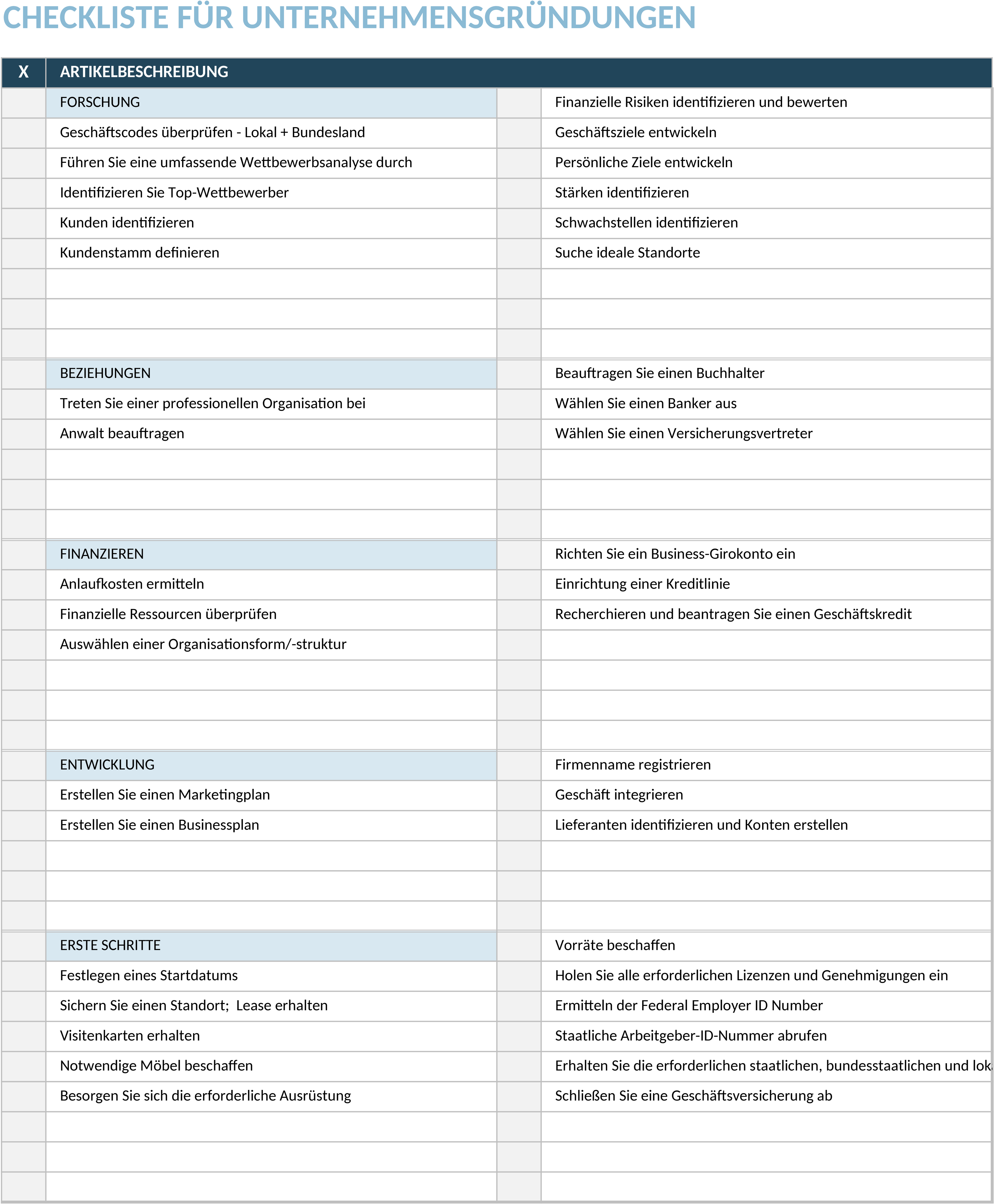 Excel-Vorlage für Unternehmensgründung-Checkliste