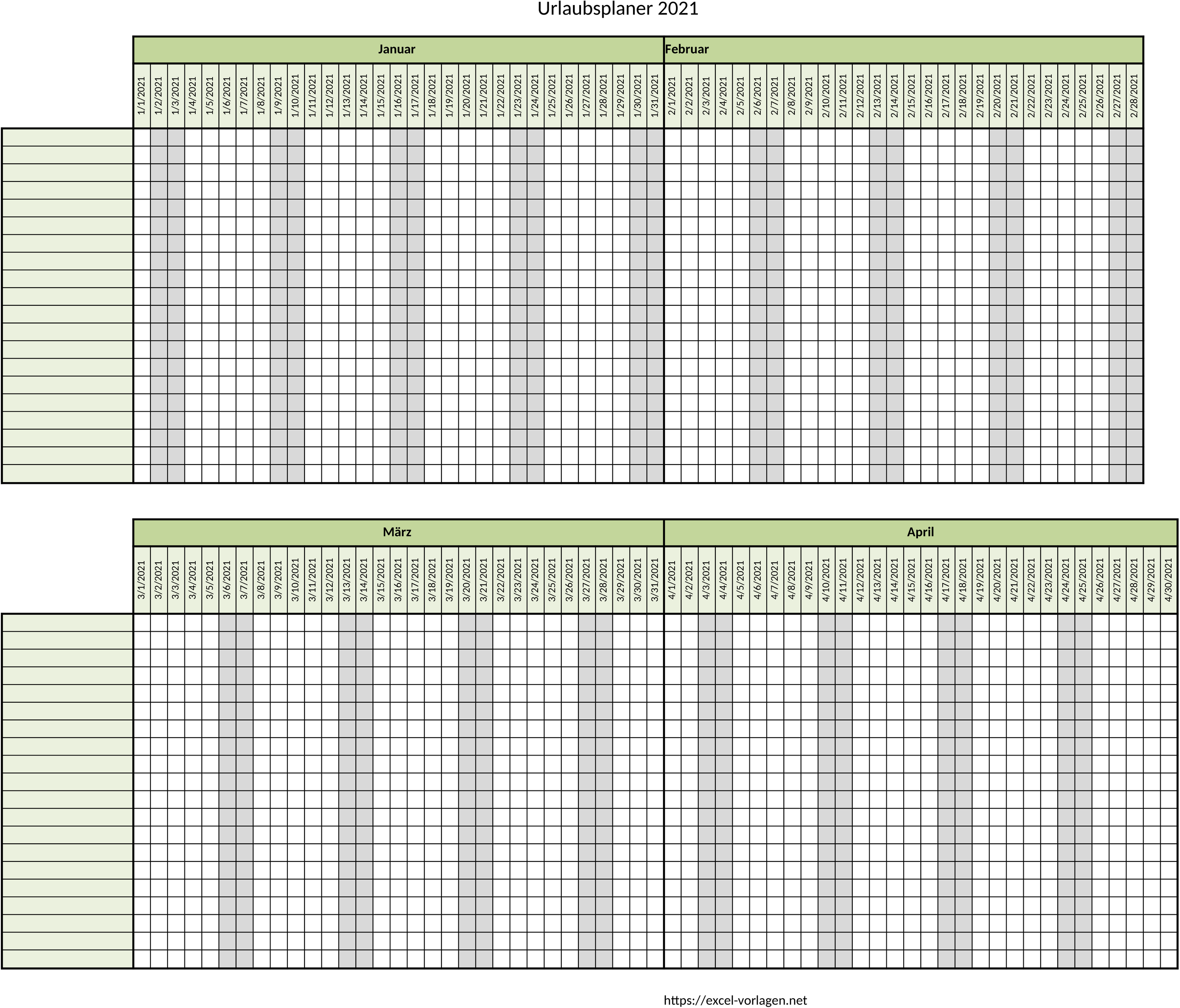 Excel-Vorlage für Urlaubsplanung und Kalender für 2021 mit 20 Mitarbeitern