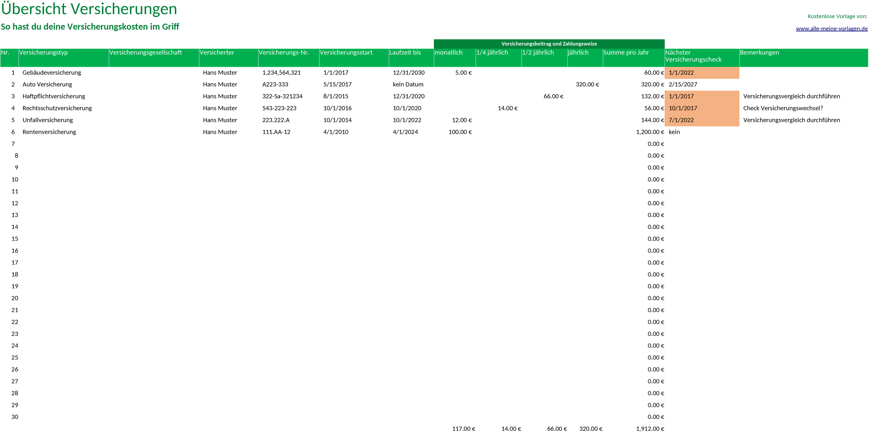 Excel-Vorlage für Versicherungsverwaltung
