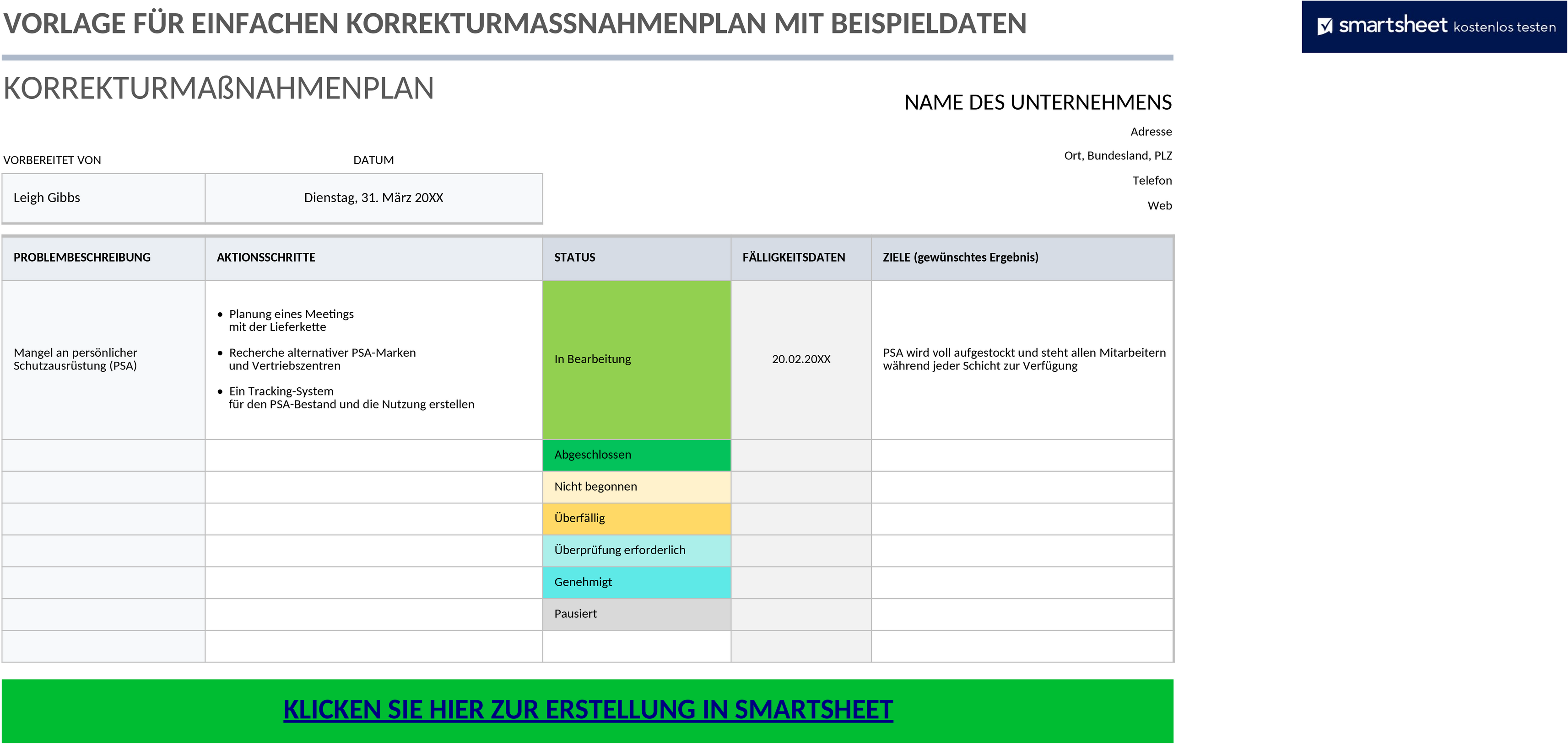 Excel-Vorlage für Korrekturmaßnahmenplan mit Beispieldaten