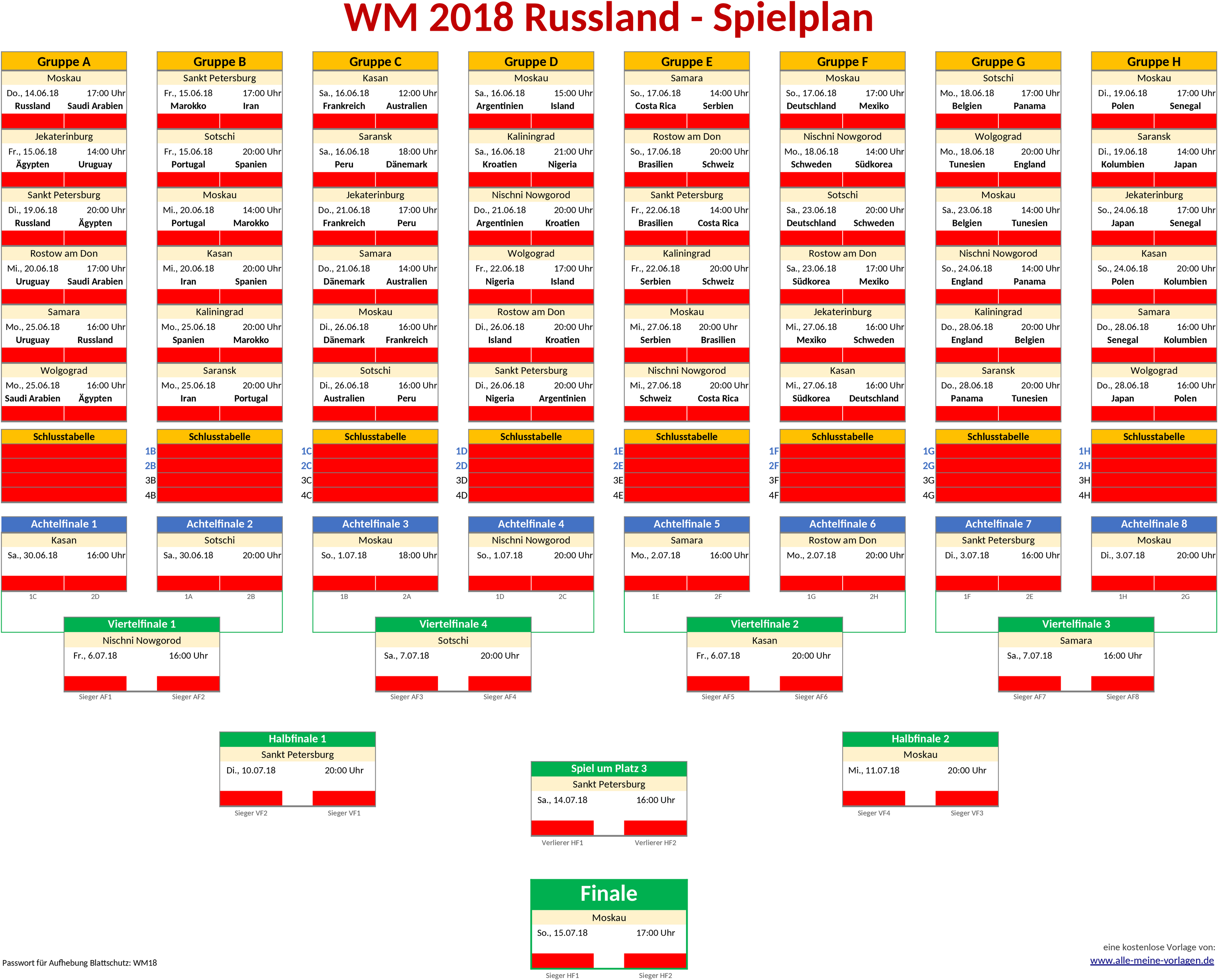 Excel Vorlage: WM 2018 Spielplan