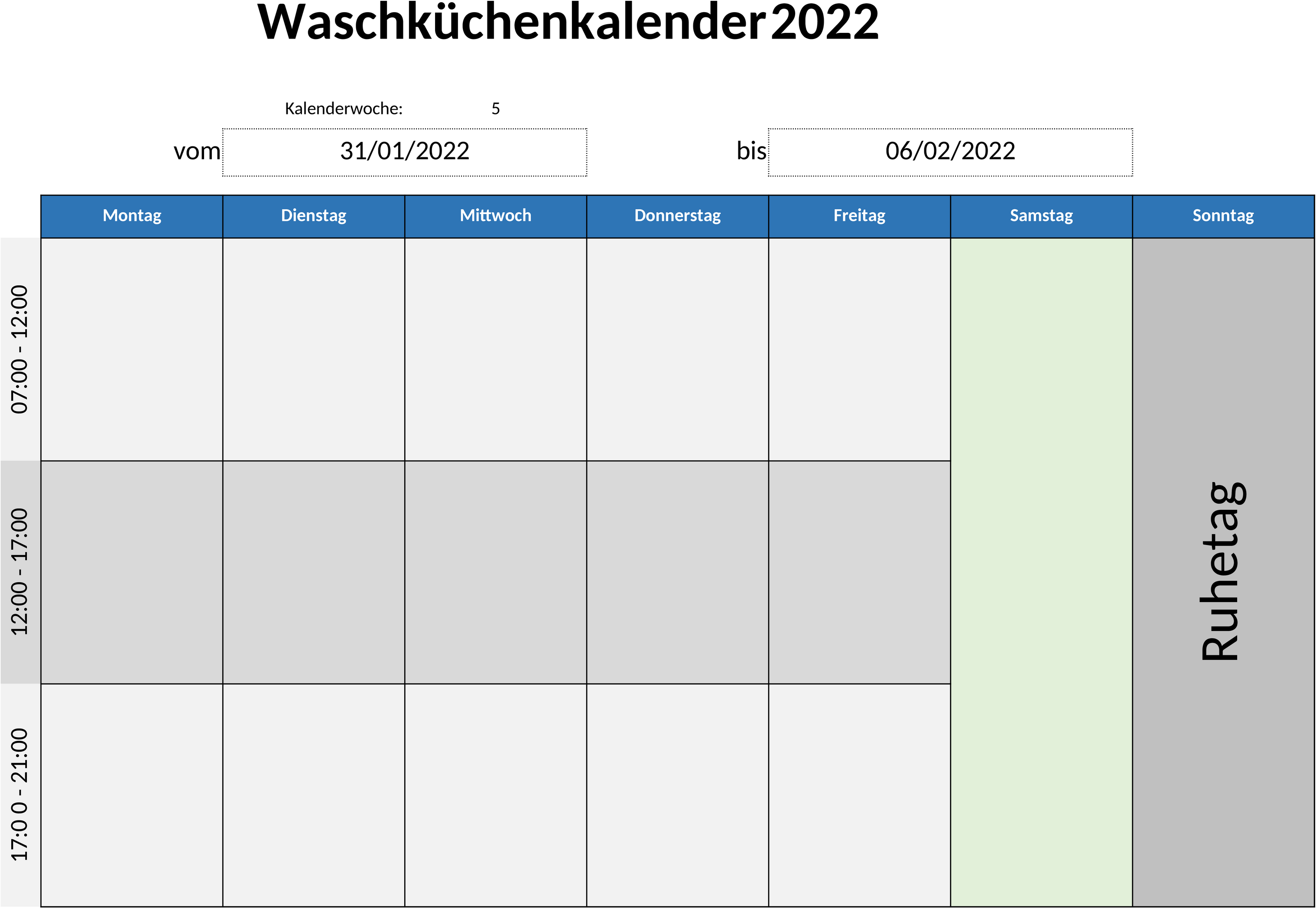 Excel-Vorlage für Waschküchenkalender im Querformat