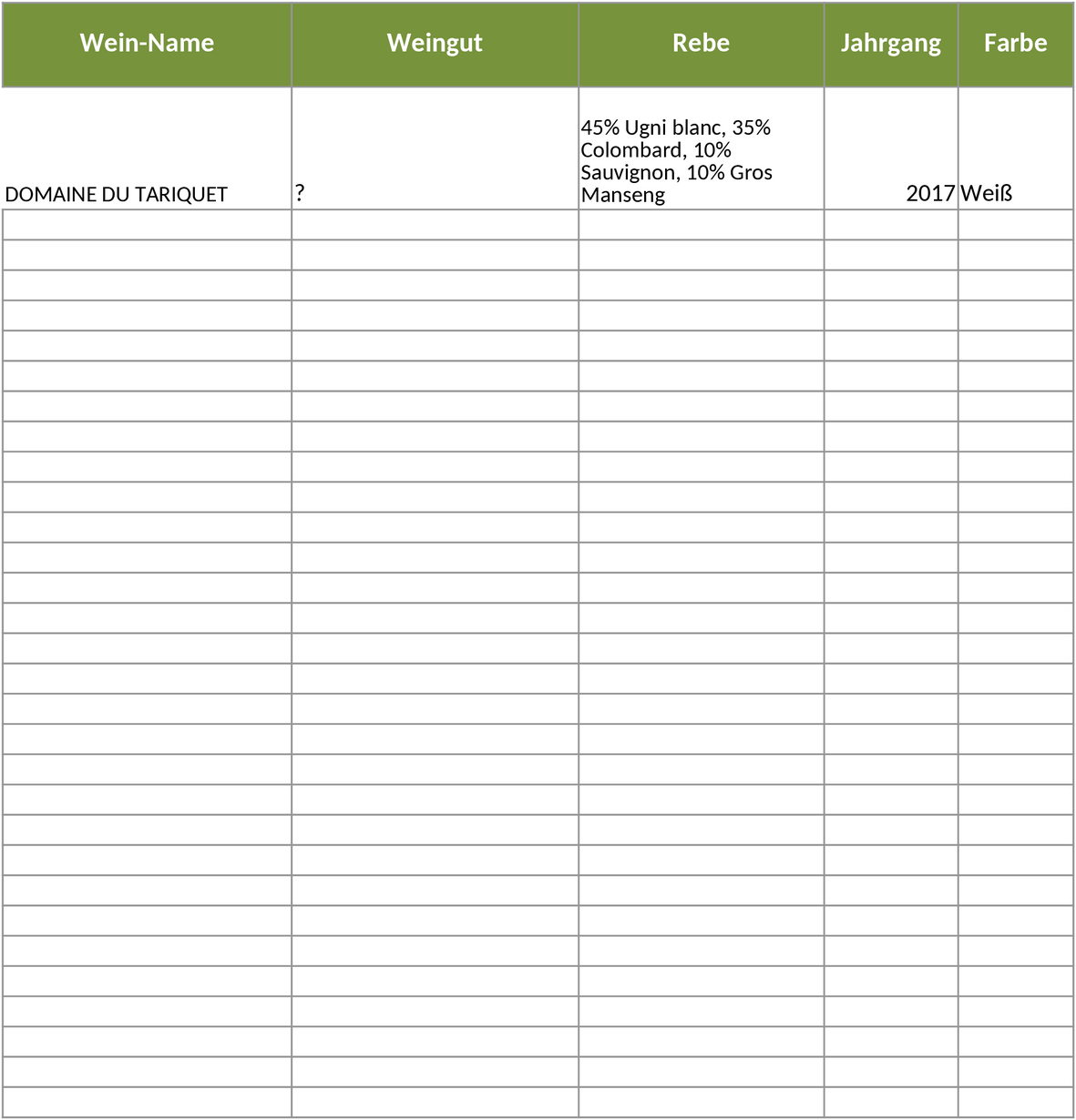 Excel-Vorlage für Weinverwaltung