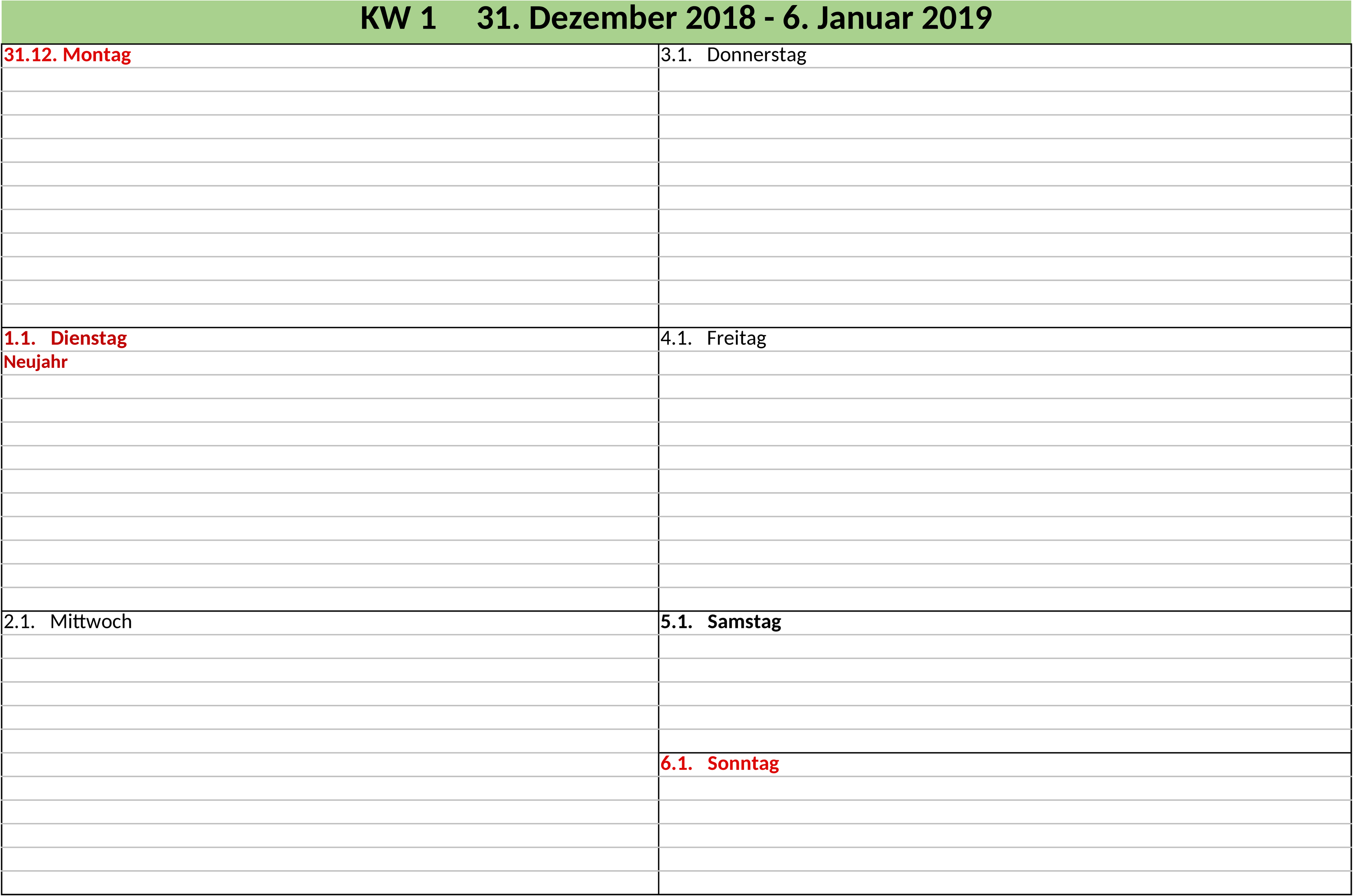 Excel-Vorlage: Wochenkalender 2019 für effiziente Planung