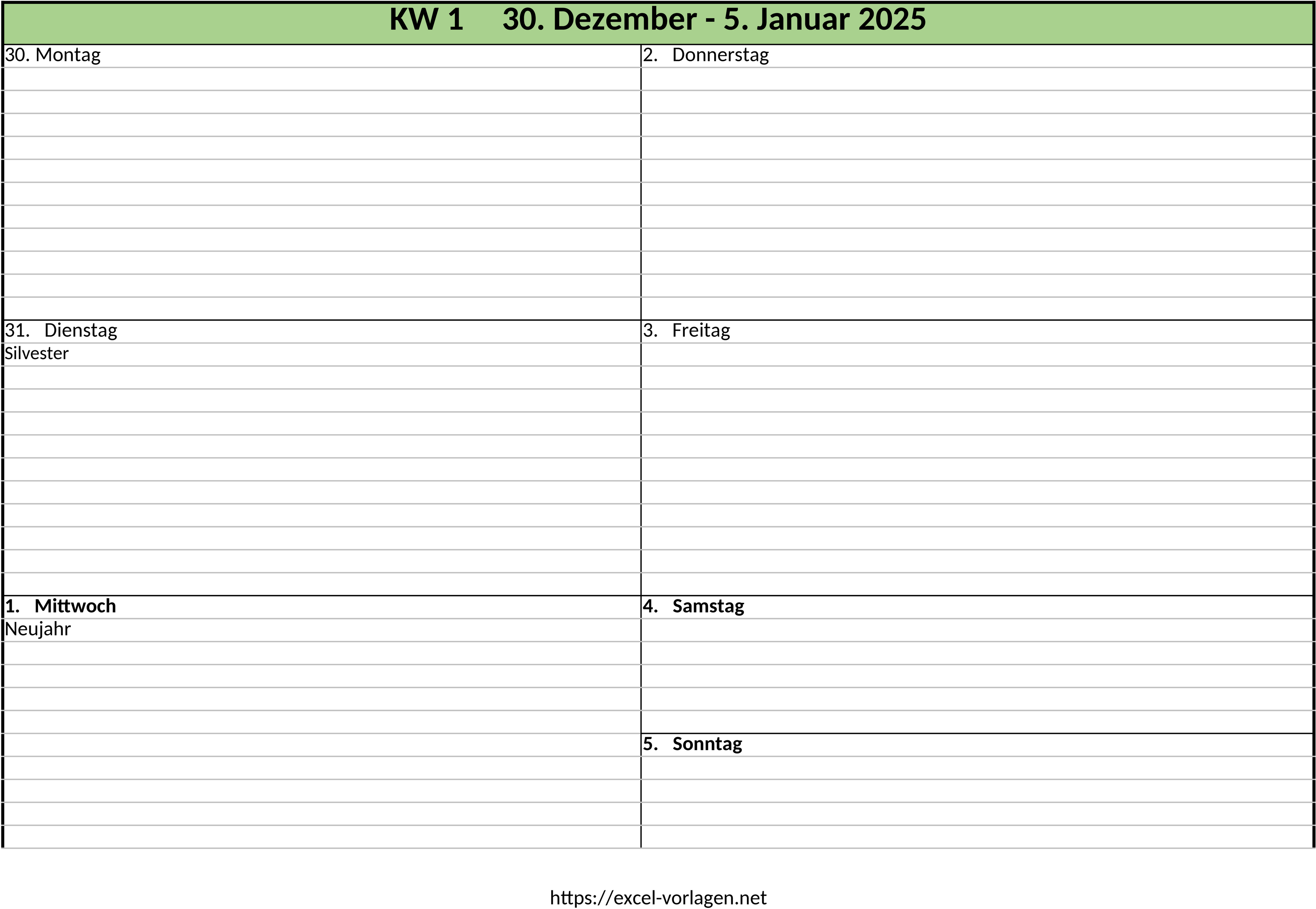 Excel-Vorlage Wochenkalender 2025