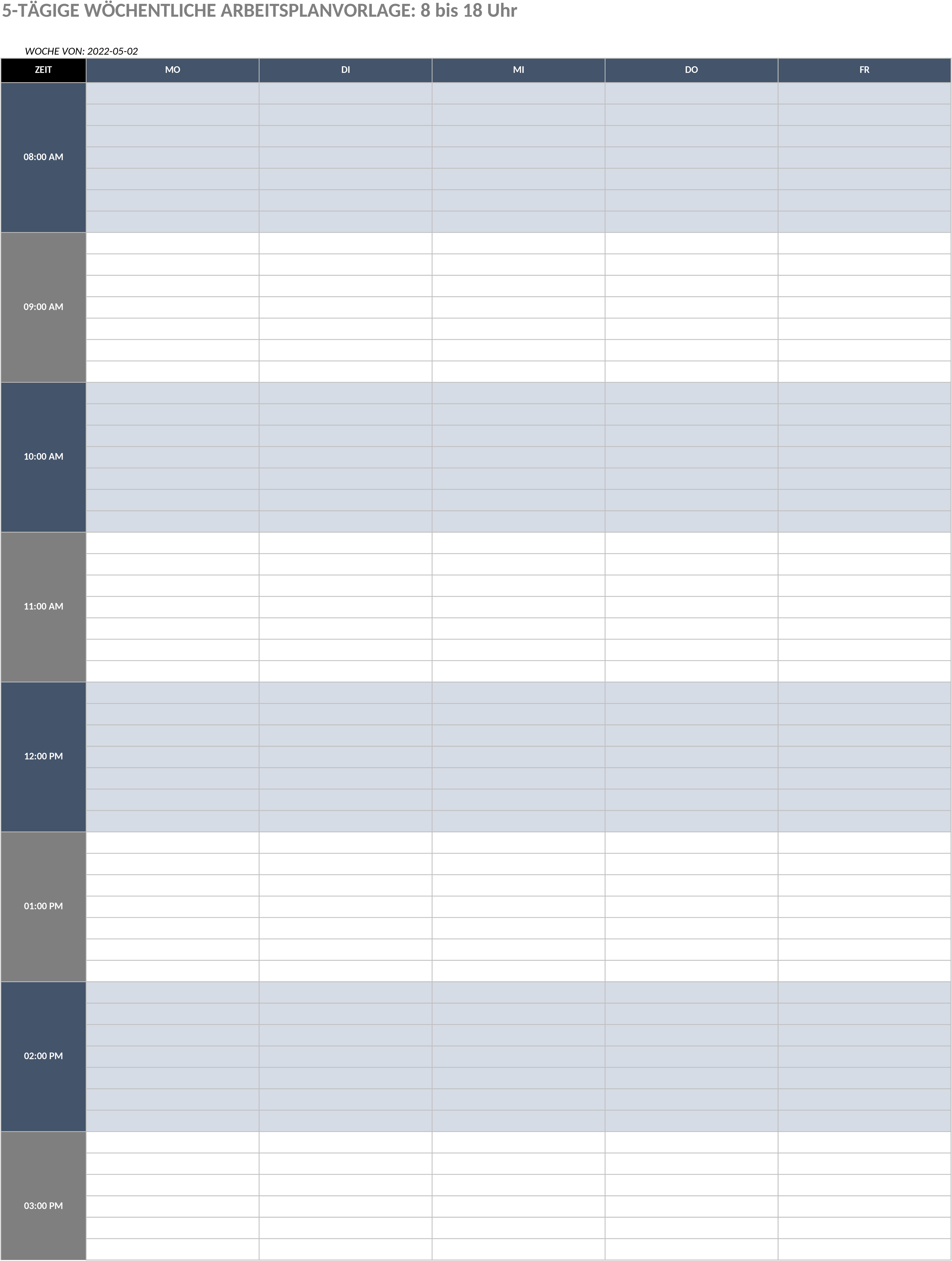 Excel-Vorlage für Wochenarbeitsplan 8-18 Uhr