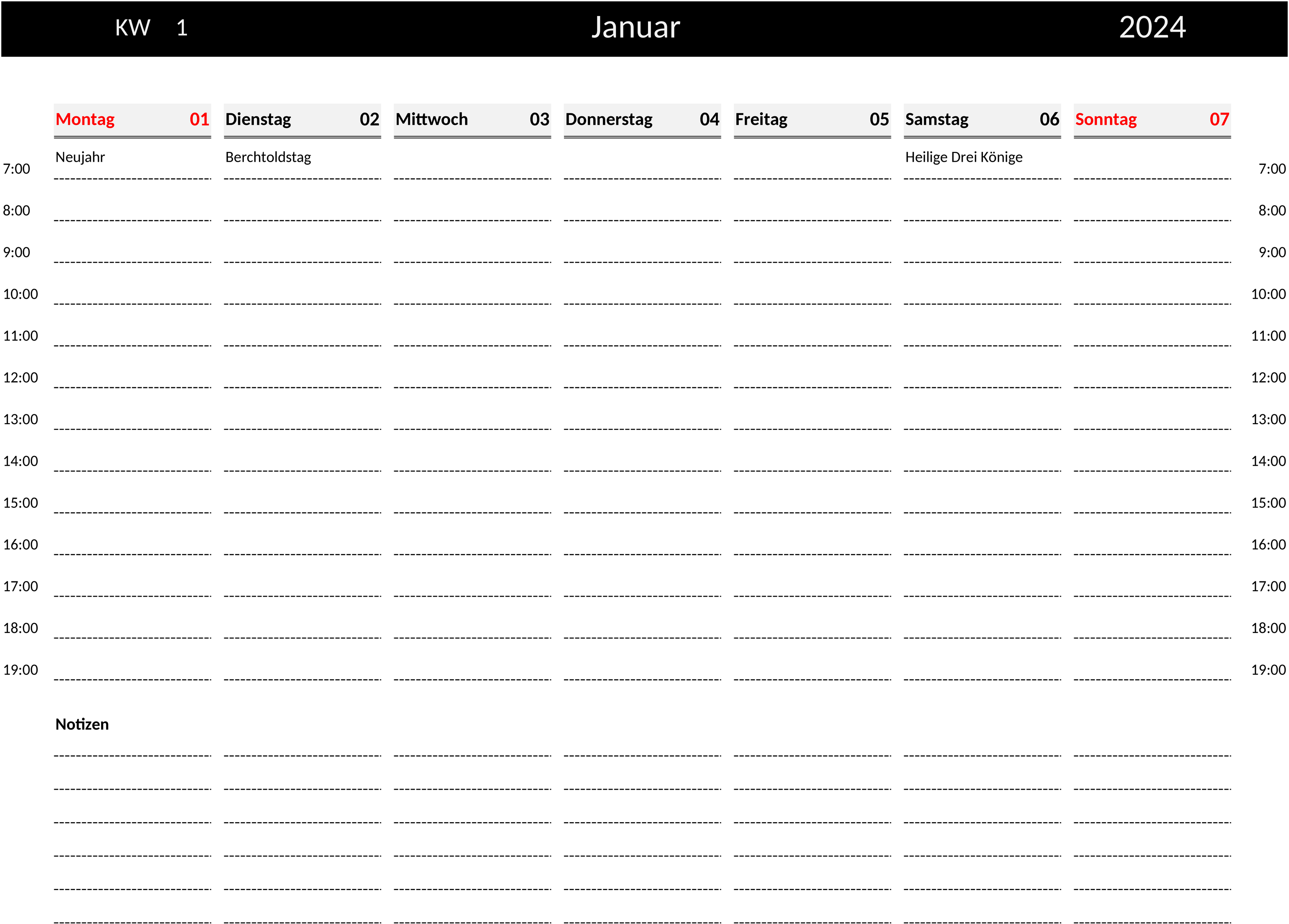 Excel-Vorlage: Wochenkalender 2024 im Querformat