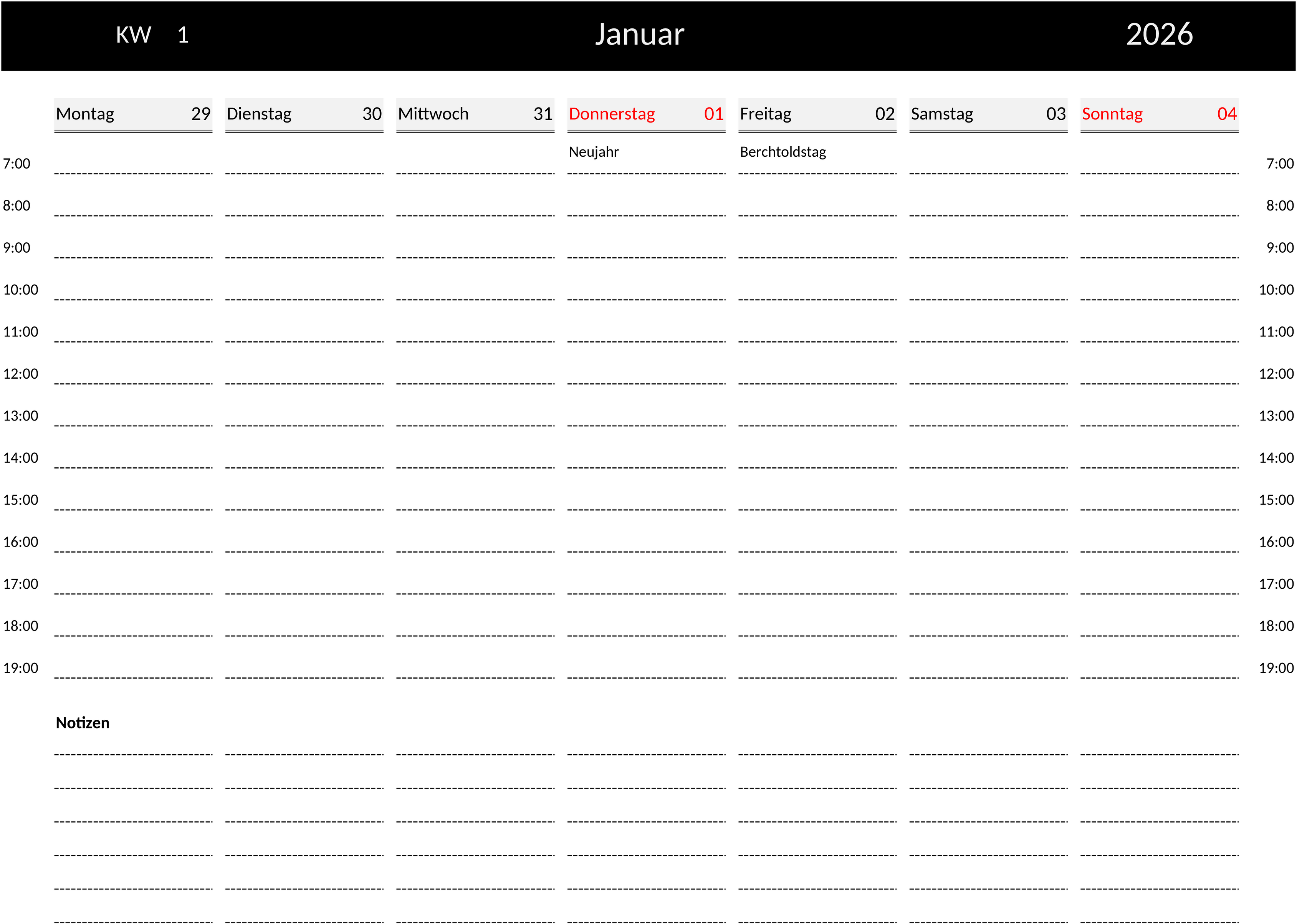 Excel-Vorlage: Wochenkalender 2026