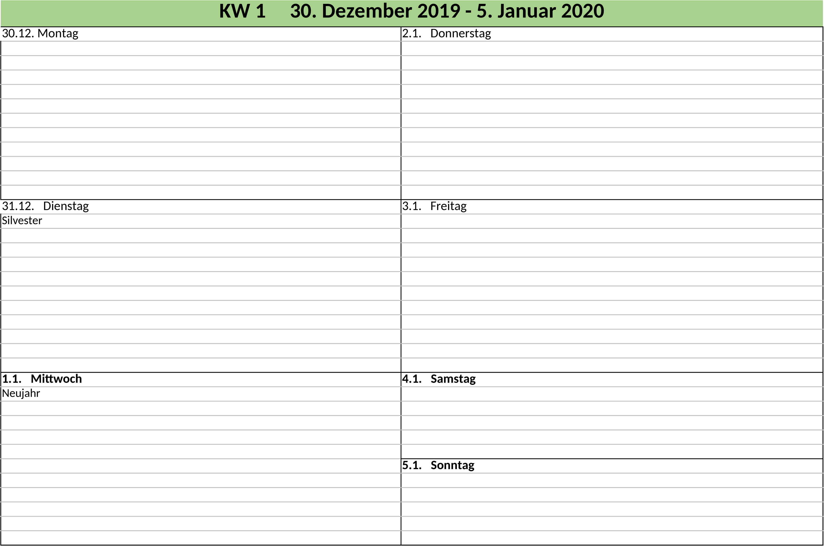 Wochenkalender Excel-Vorlage 2020