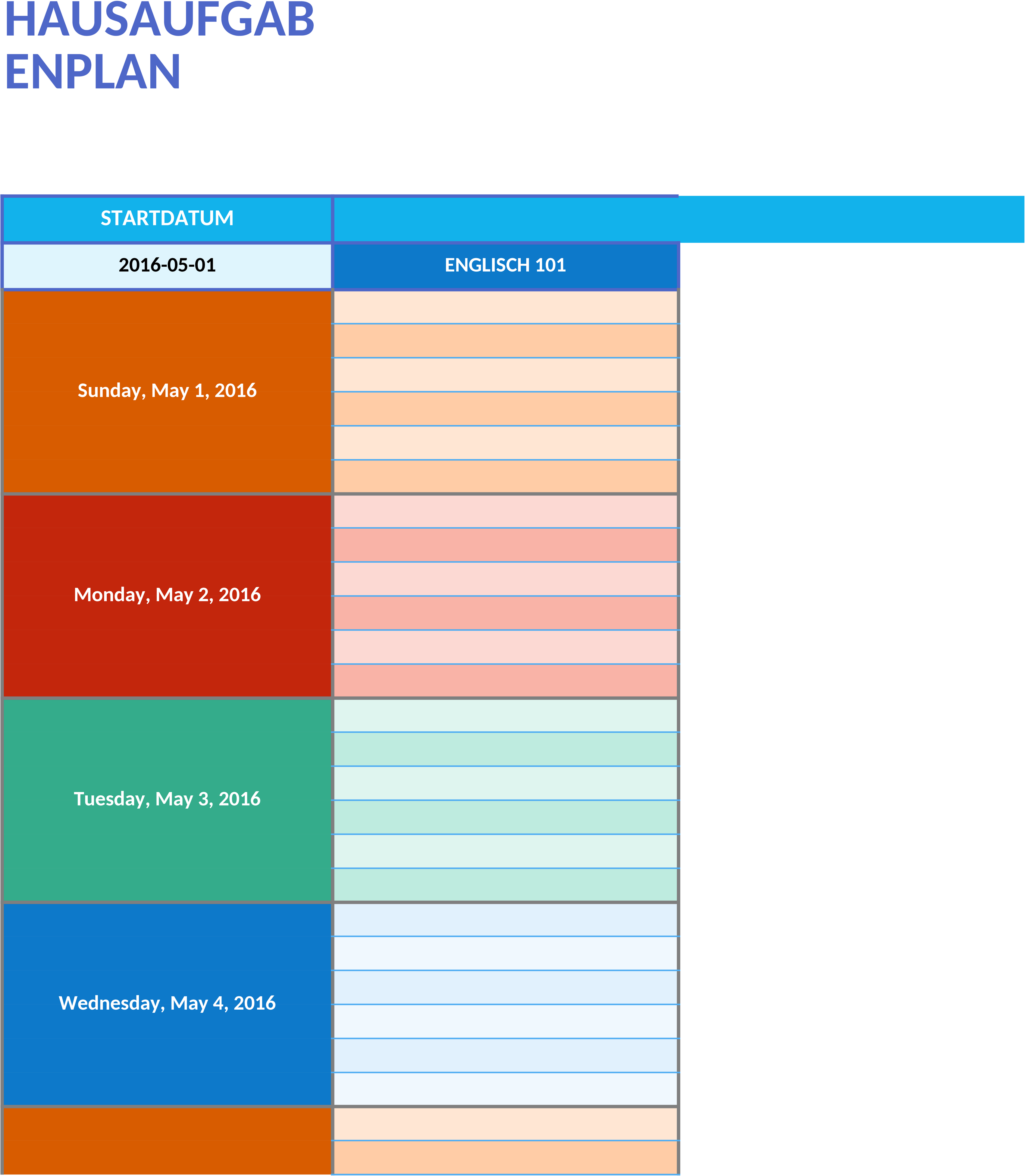 Wochenplan-Excelvorlage für Hausaufgaben
