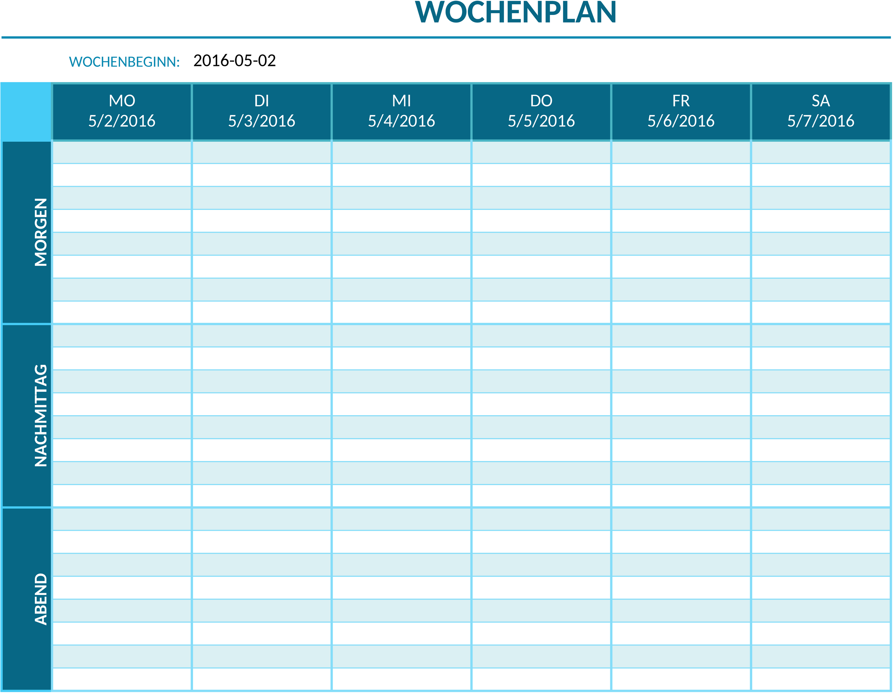 Excel-Vorlage für Wochenpläne Montag bis Samstag