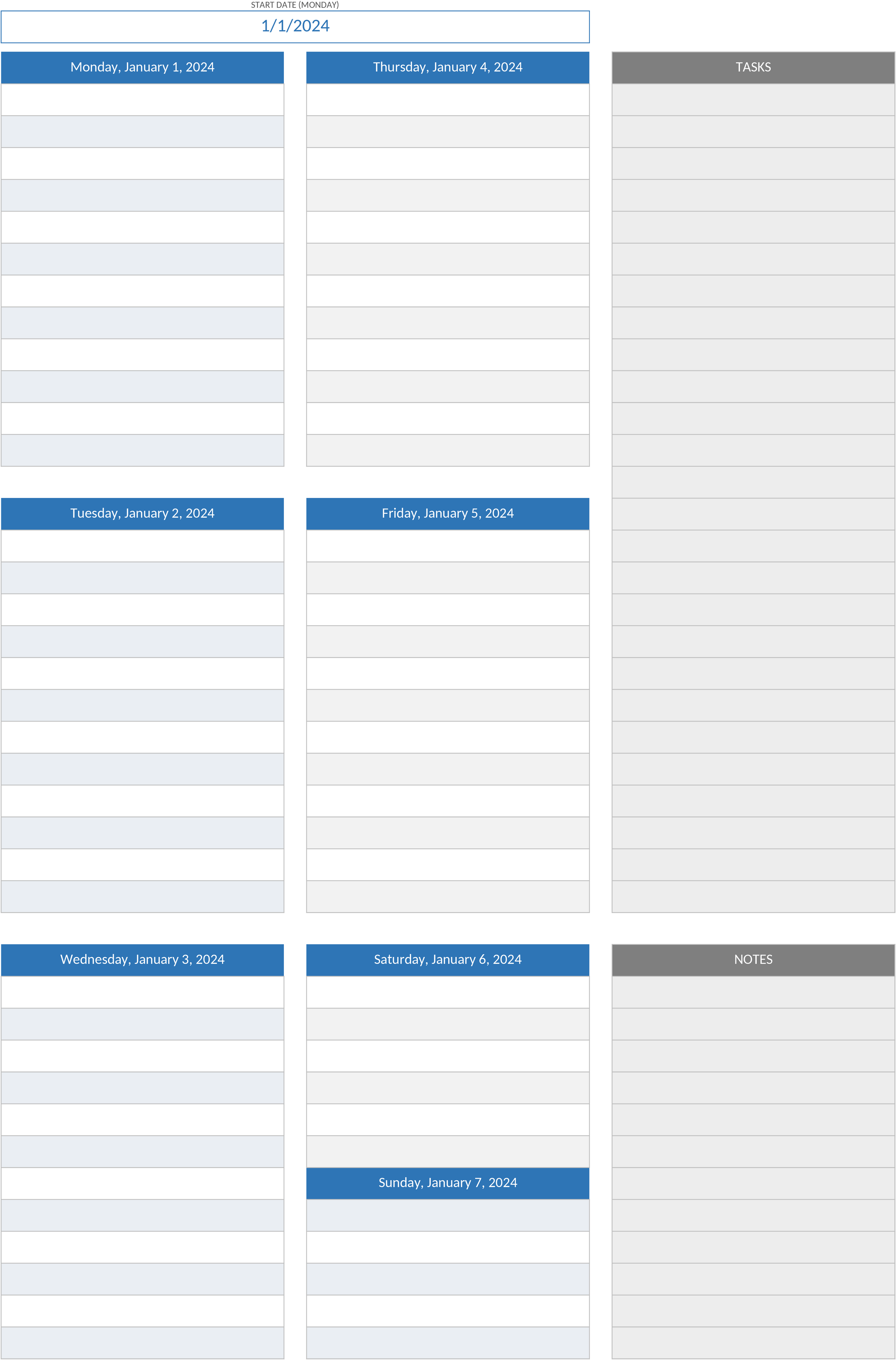 Excel-Vorlage für Wochenprojektplaner mit Notizen