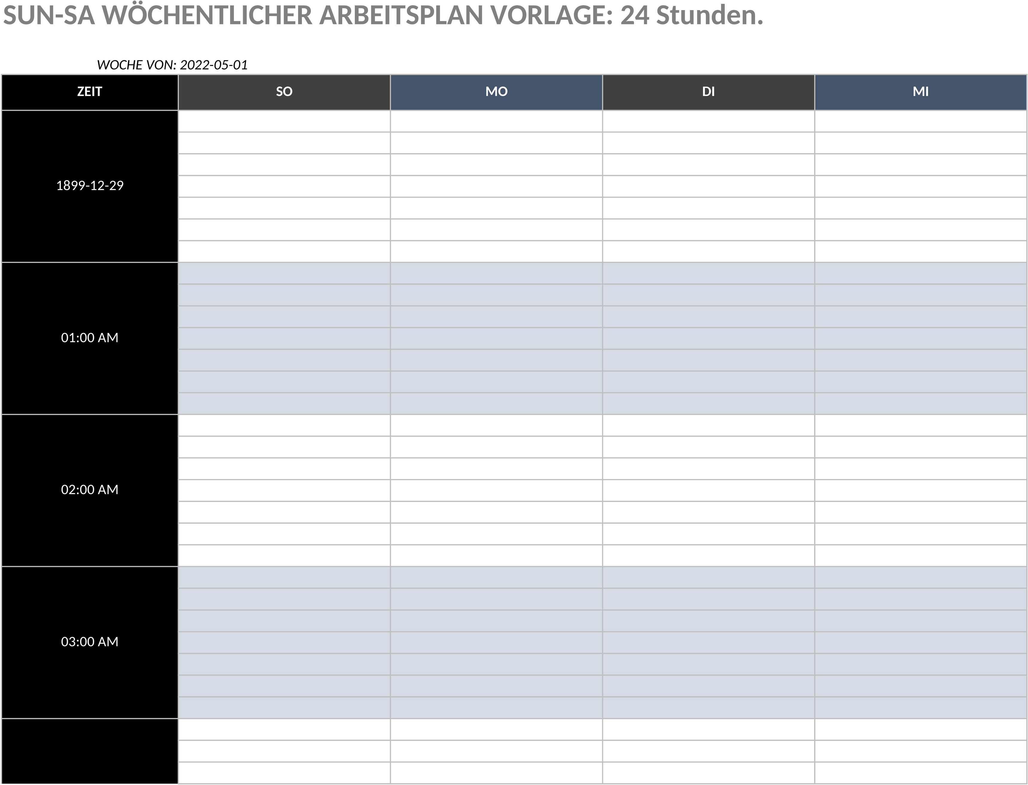 Excel-Vorlage für einen Wöchentlichen Arbeitszeitplan Sun-Sat 24 Stunden