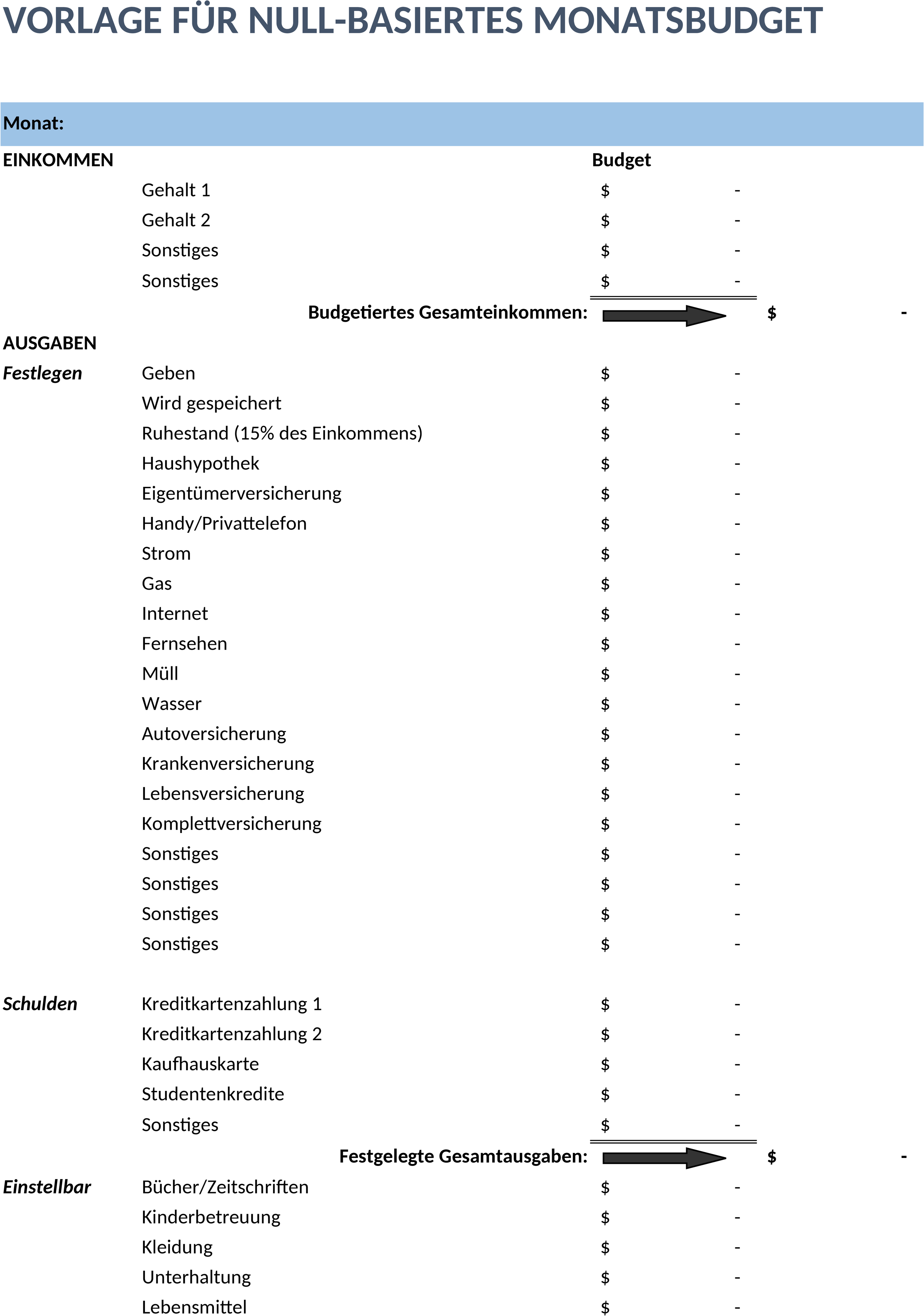 Excel-Vorlage für Zero-Based Budgeting