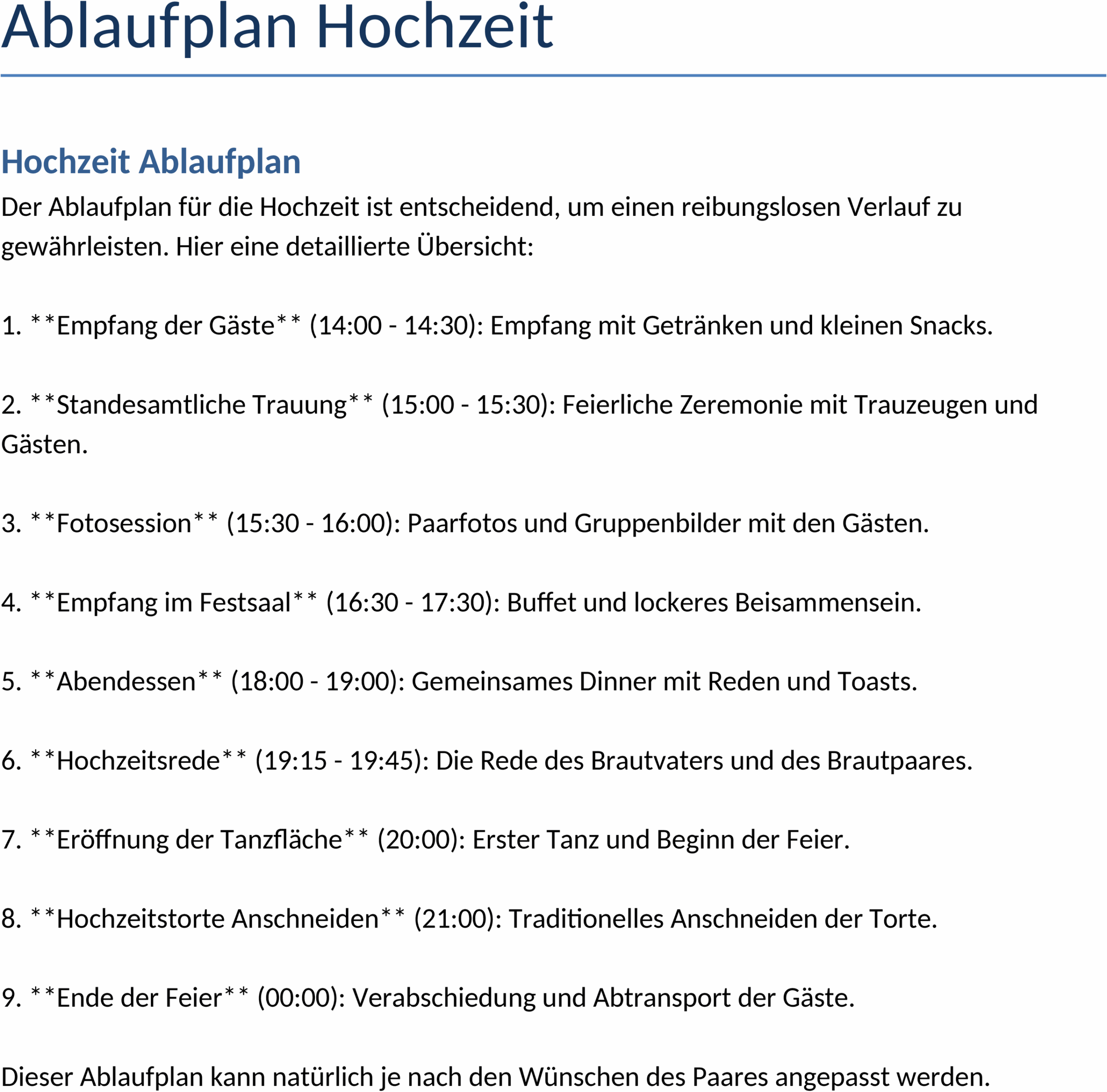 Ablaufplan Hochzeit Word-Dokument
