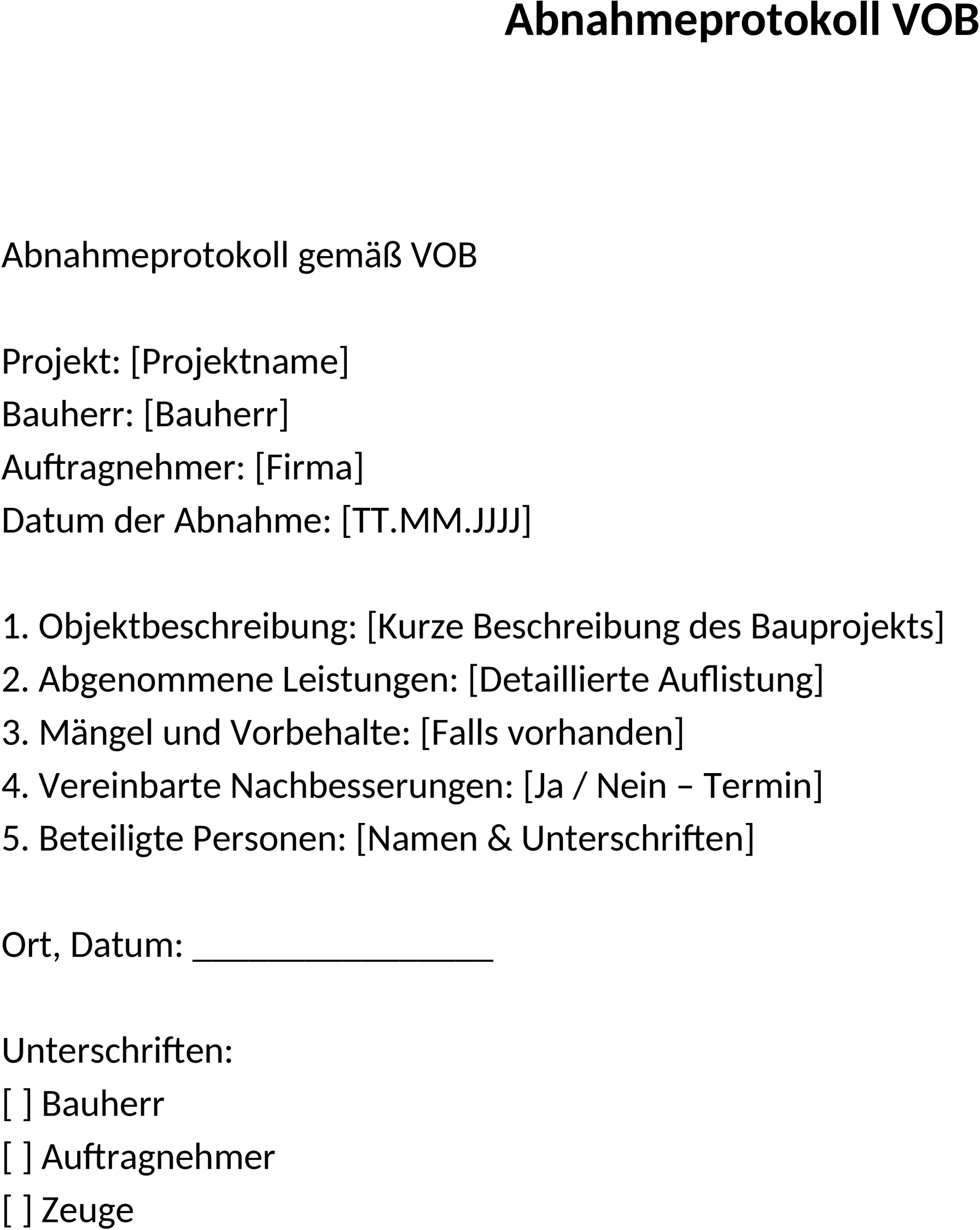 Abnahmeprotokoll VOB - Word Template