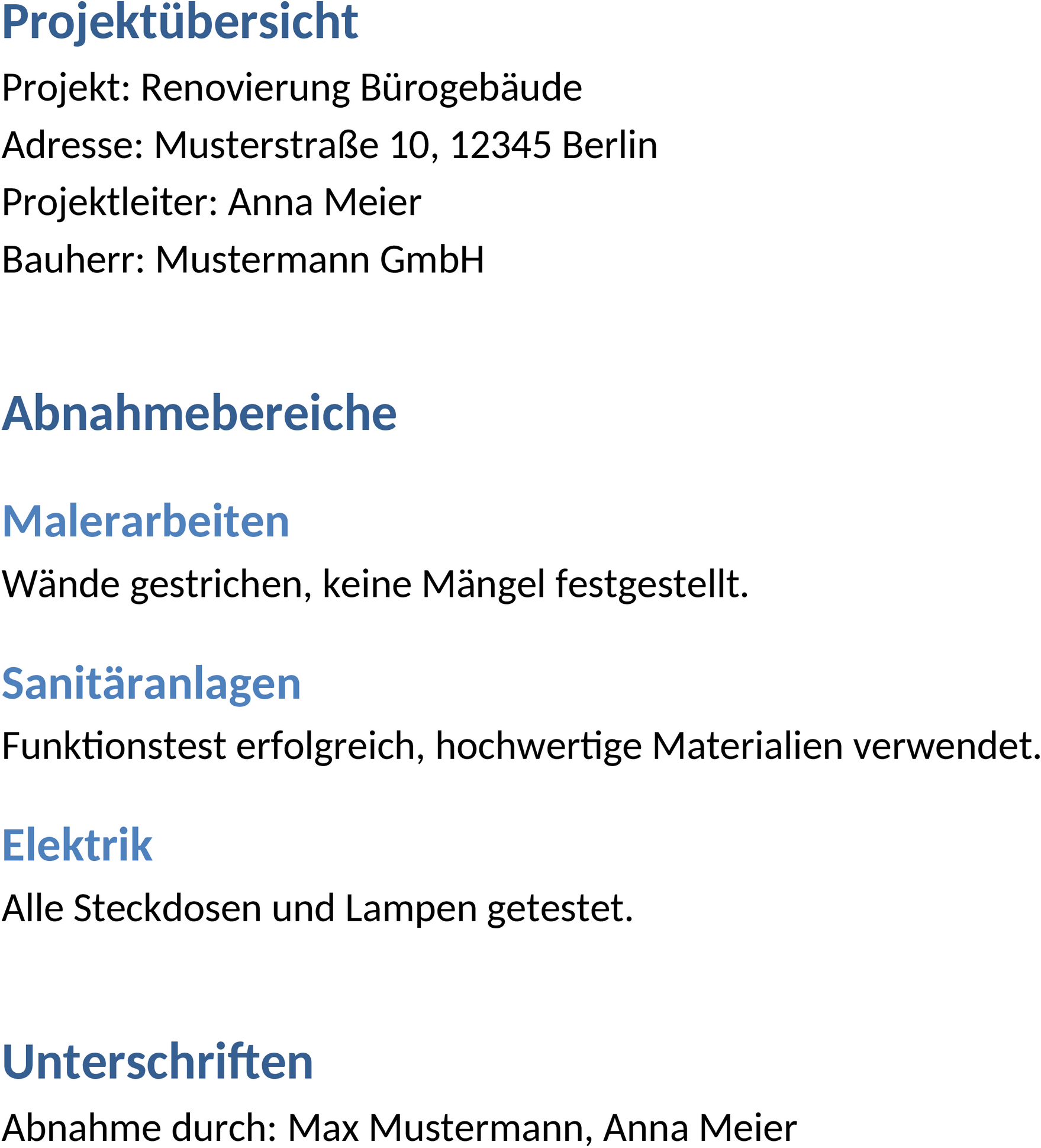Abnahmeprotokoll Word-Vorlage