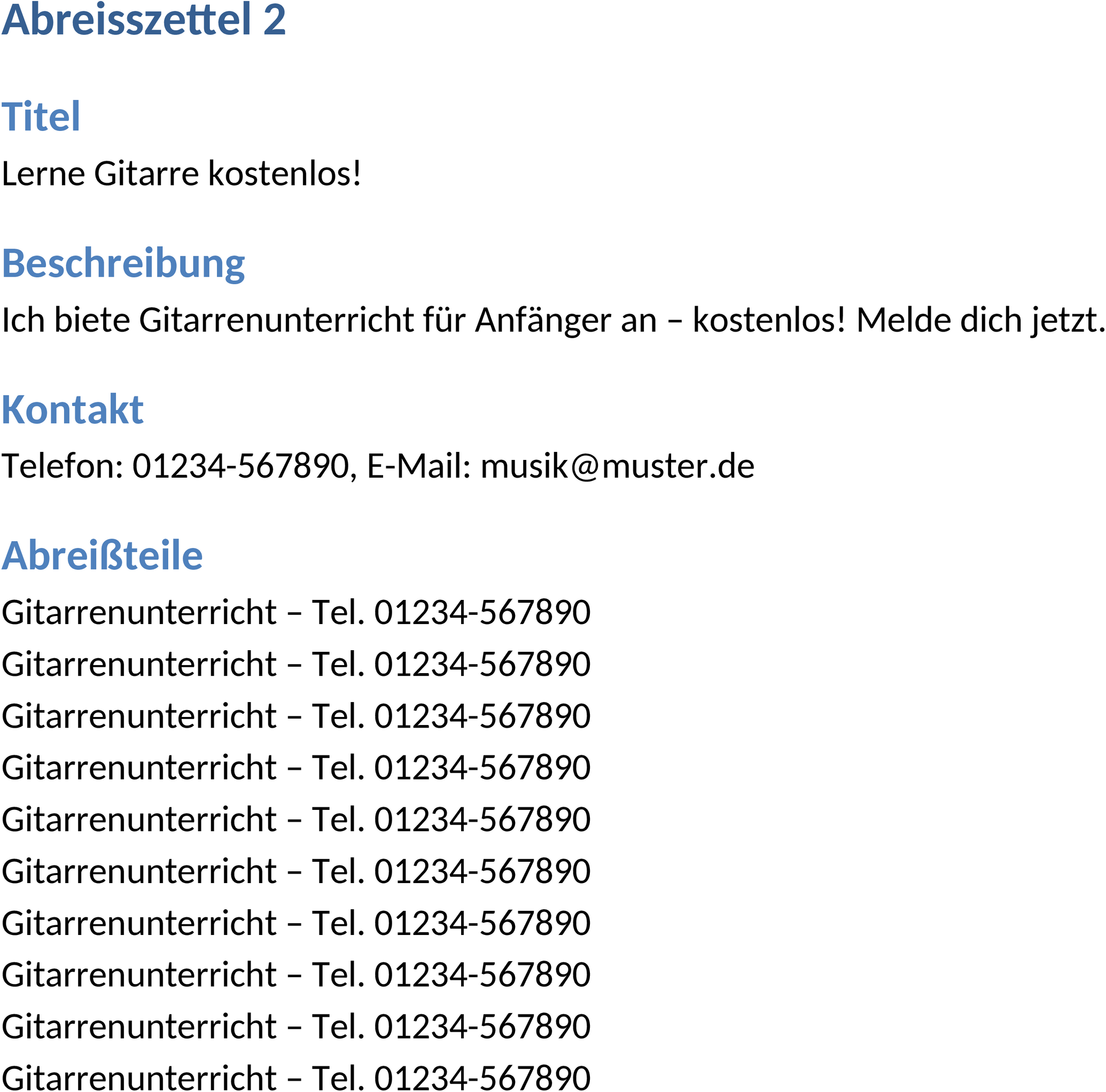 Abreisszettel Word-Vorlage für Hinweiszettel