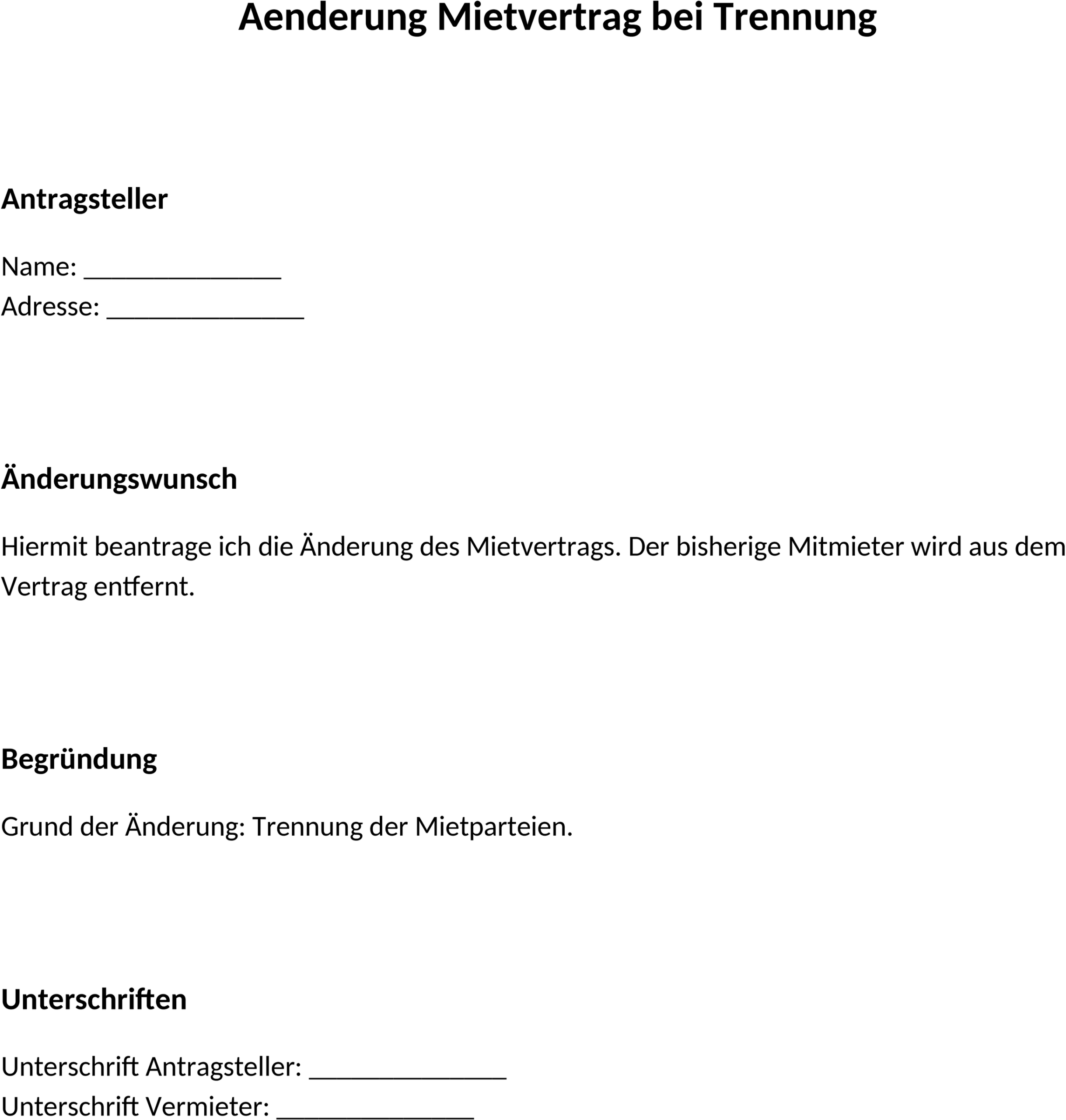 Word-Template: Aenderung Mietvertrag Bei Trennung