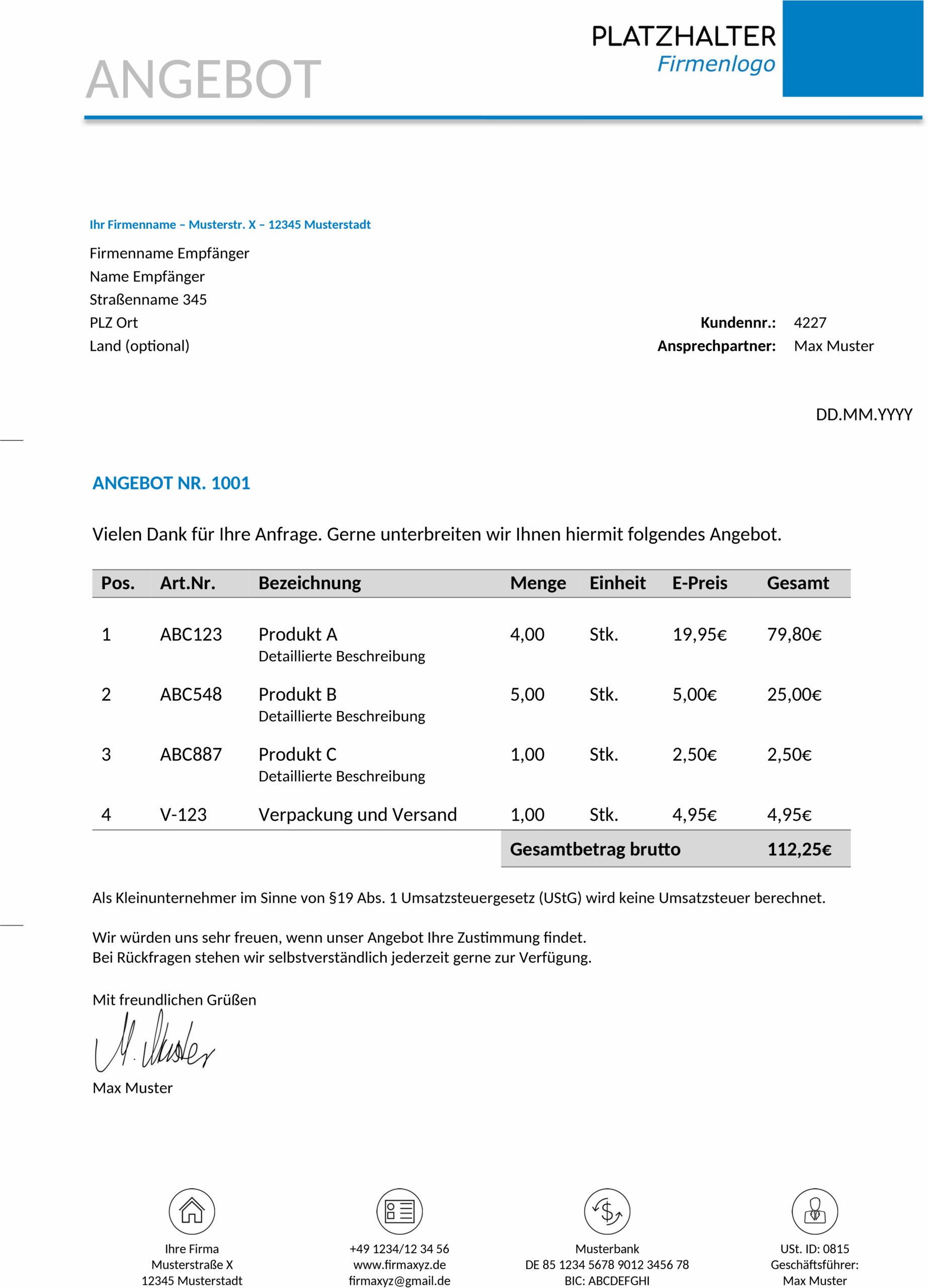 Angebotsvorlage fuer Kleinunternehmer als Word-Dokument