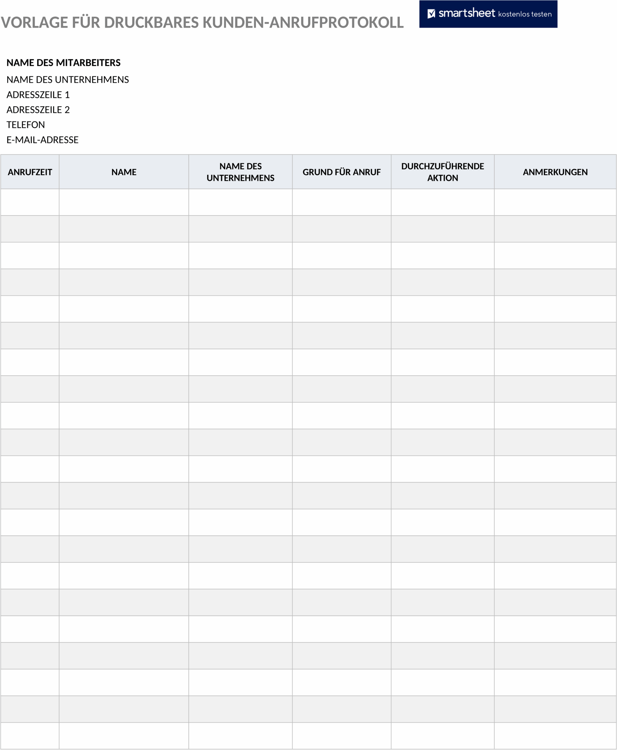 Word-Template für das Anrufprotokoll von Kunden