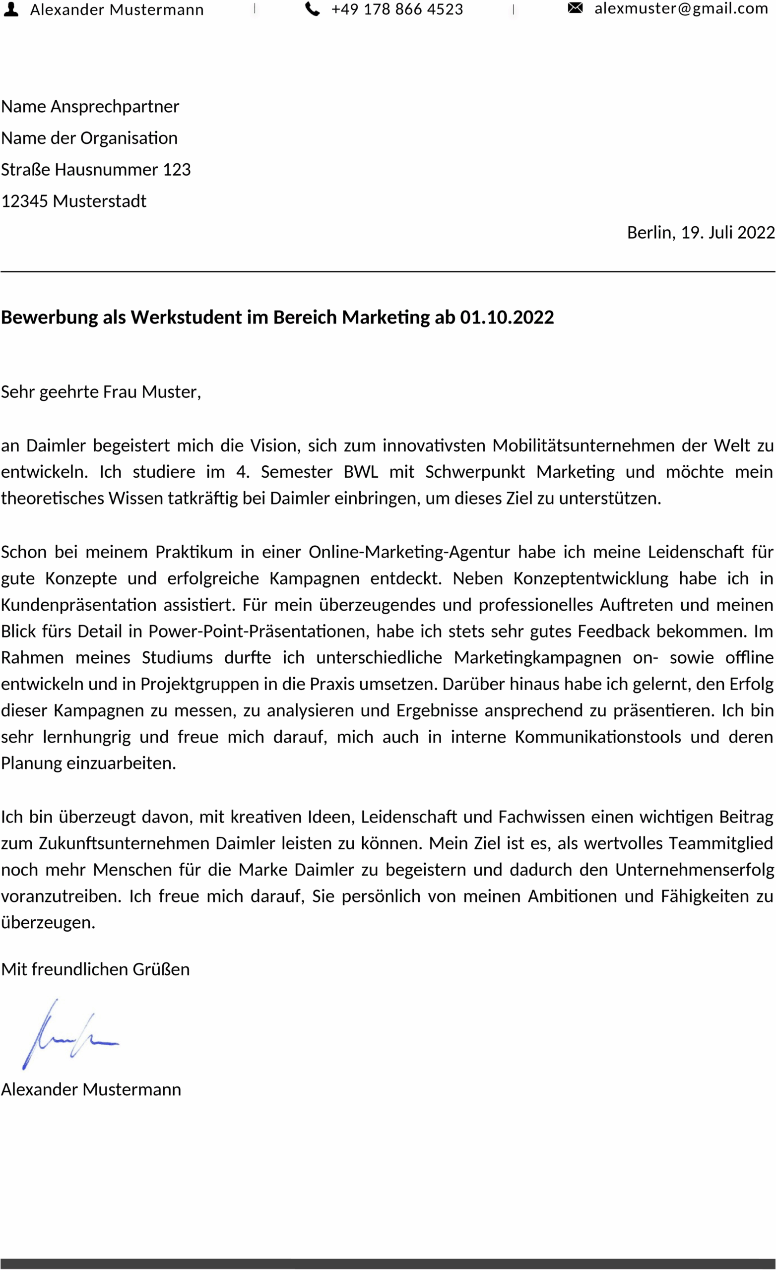 Anschreiben Vorlage für Werkstudenten als DOCX