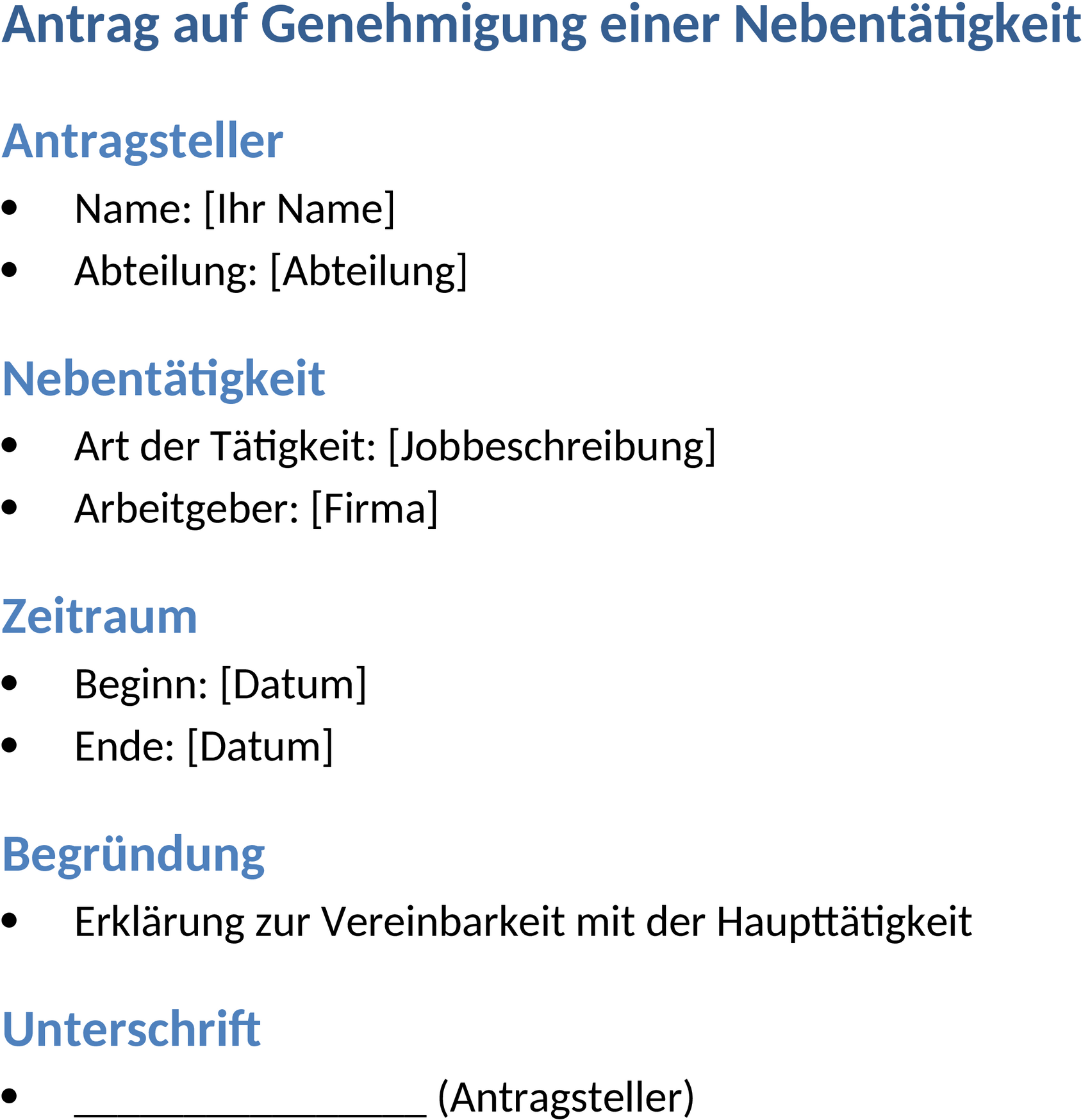 Word Vorlage Antrag für Nebentätigkeit