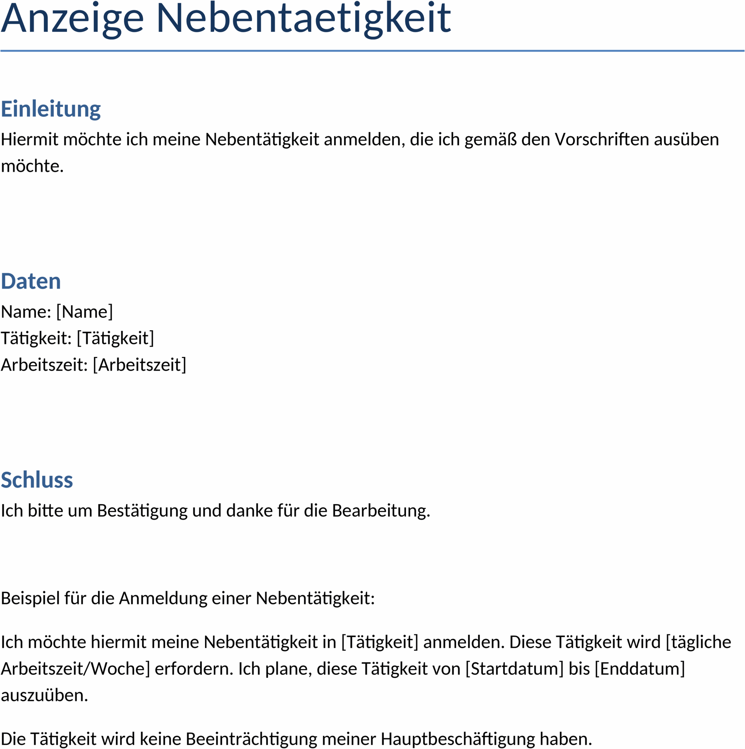 Word-Vorlage für Anzeige einer Nebentätigkeit