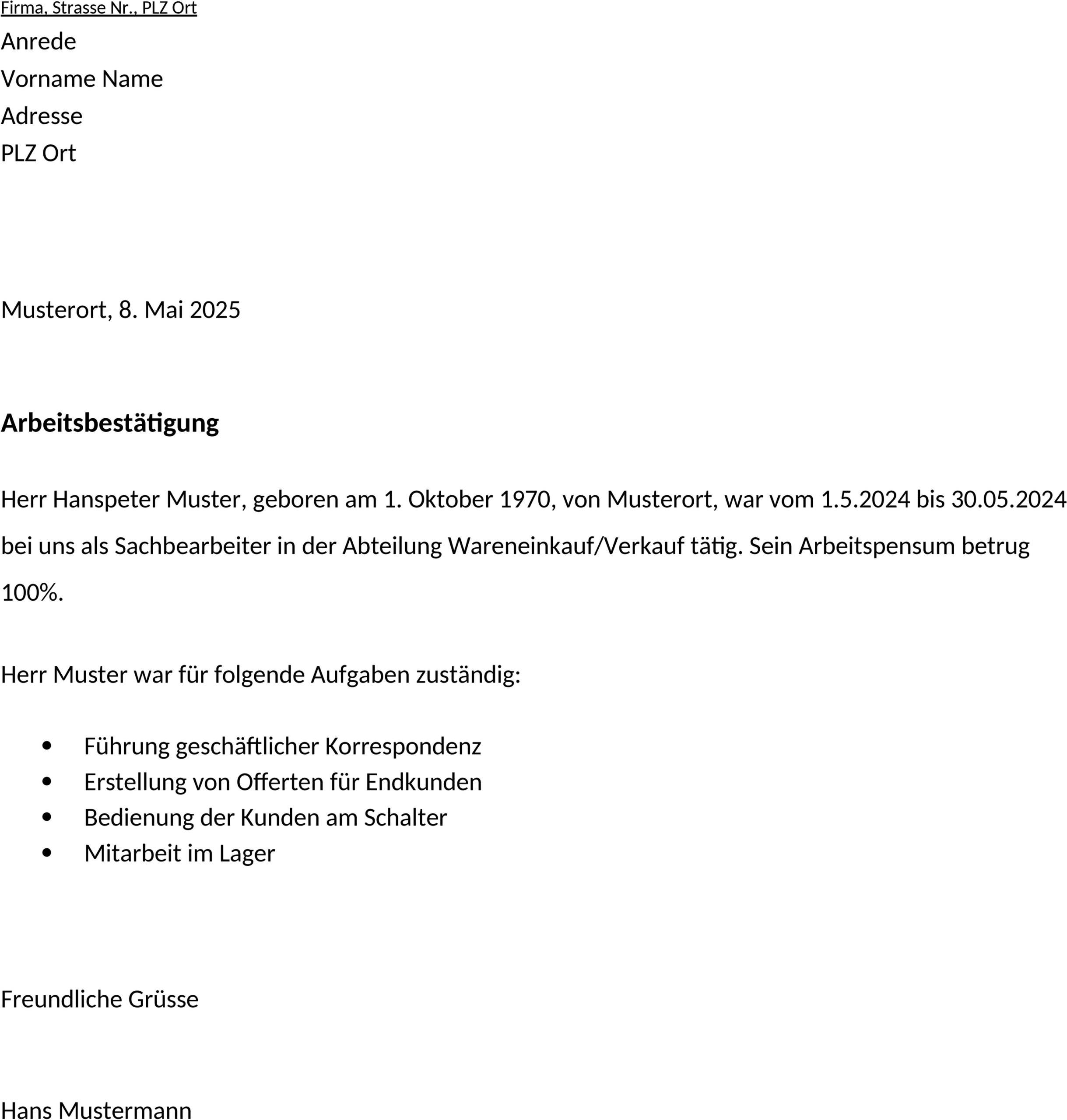 Arbeitsbestaetigung Word-Vorlage