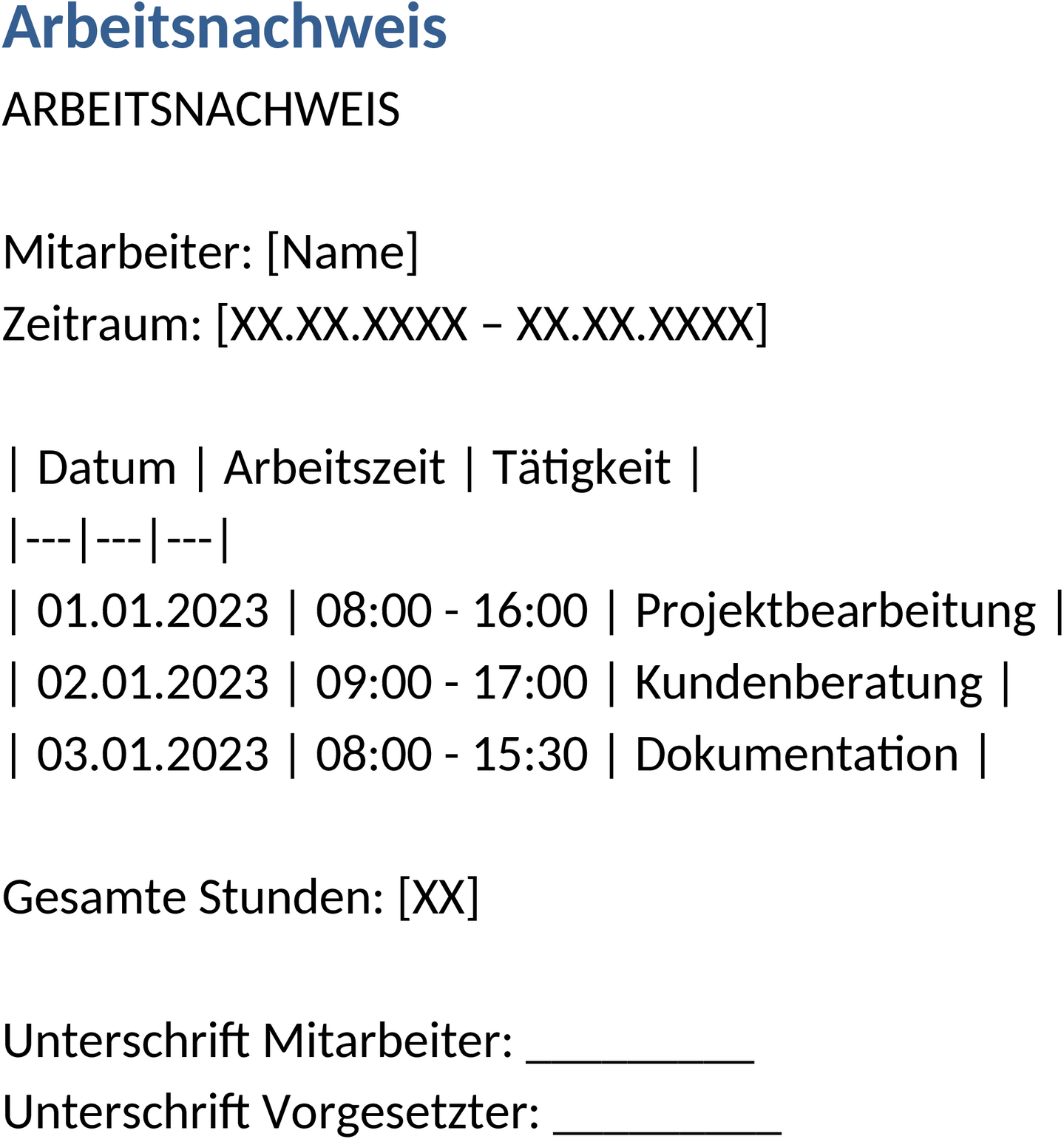 Arbeitsnachweis im Word-Format