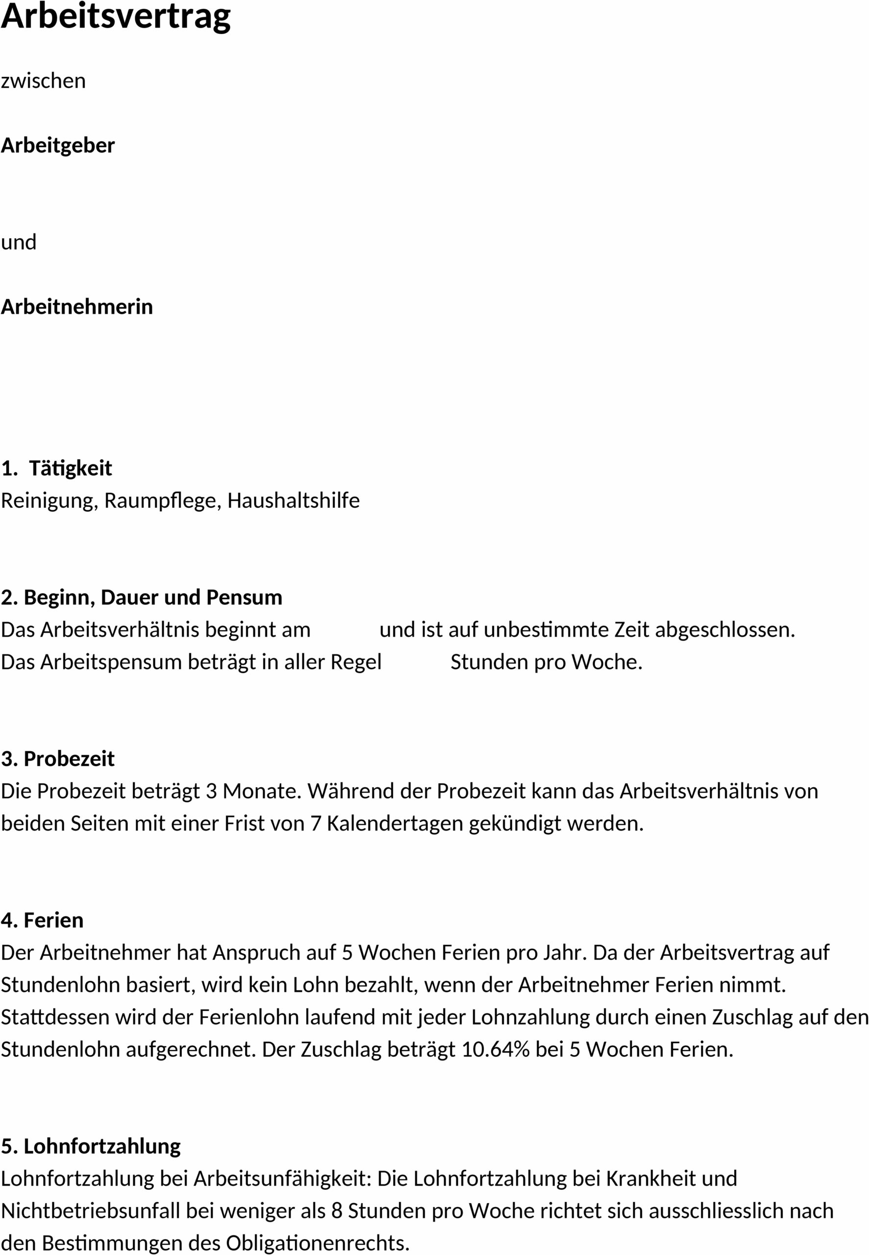 Arbeitsvertrag Putzfrau Stundenlohn Muster Vorlage