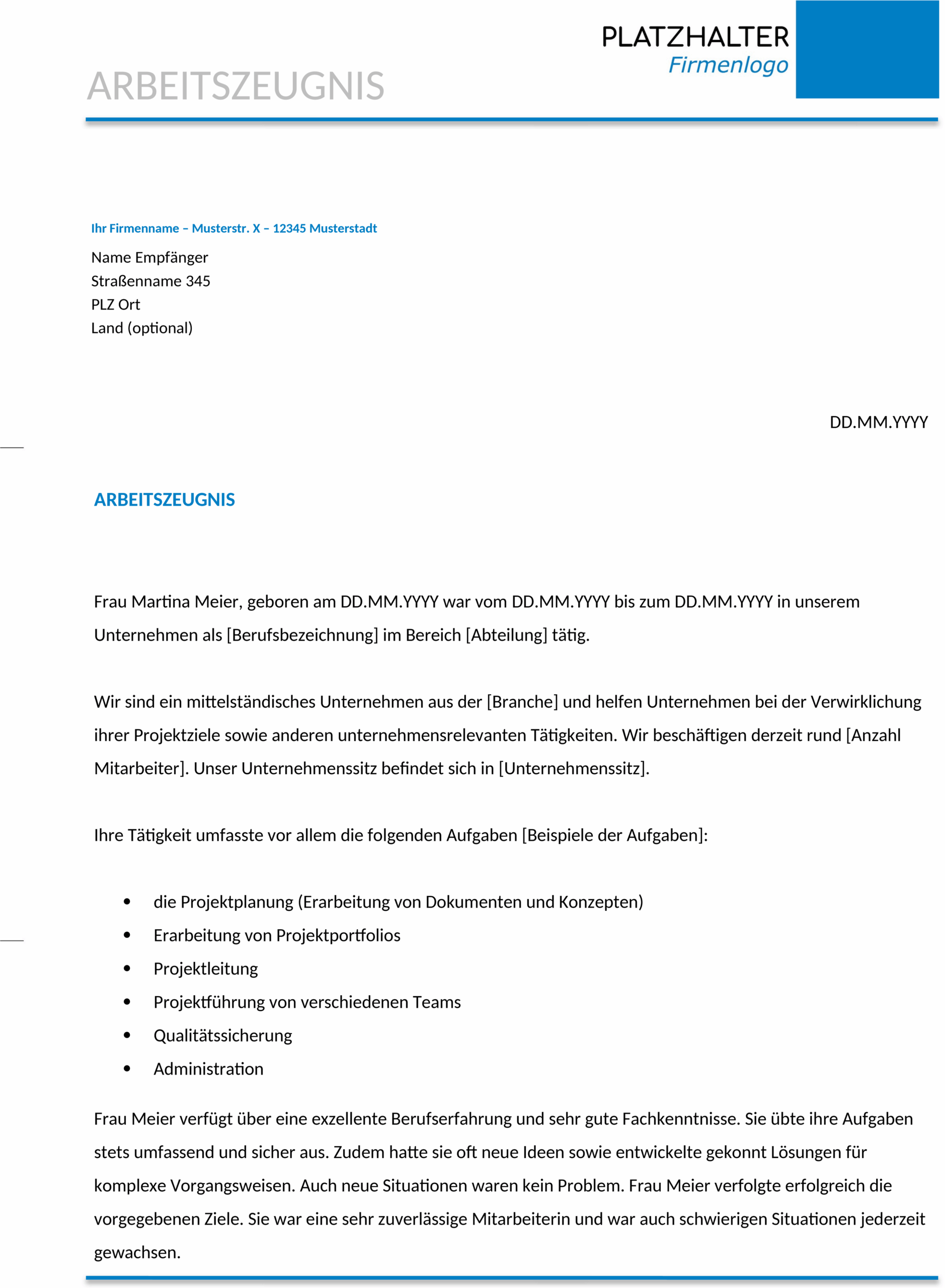 Arbeitszeugnis Word Template