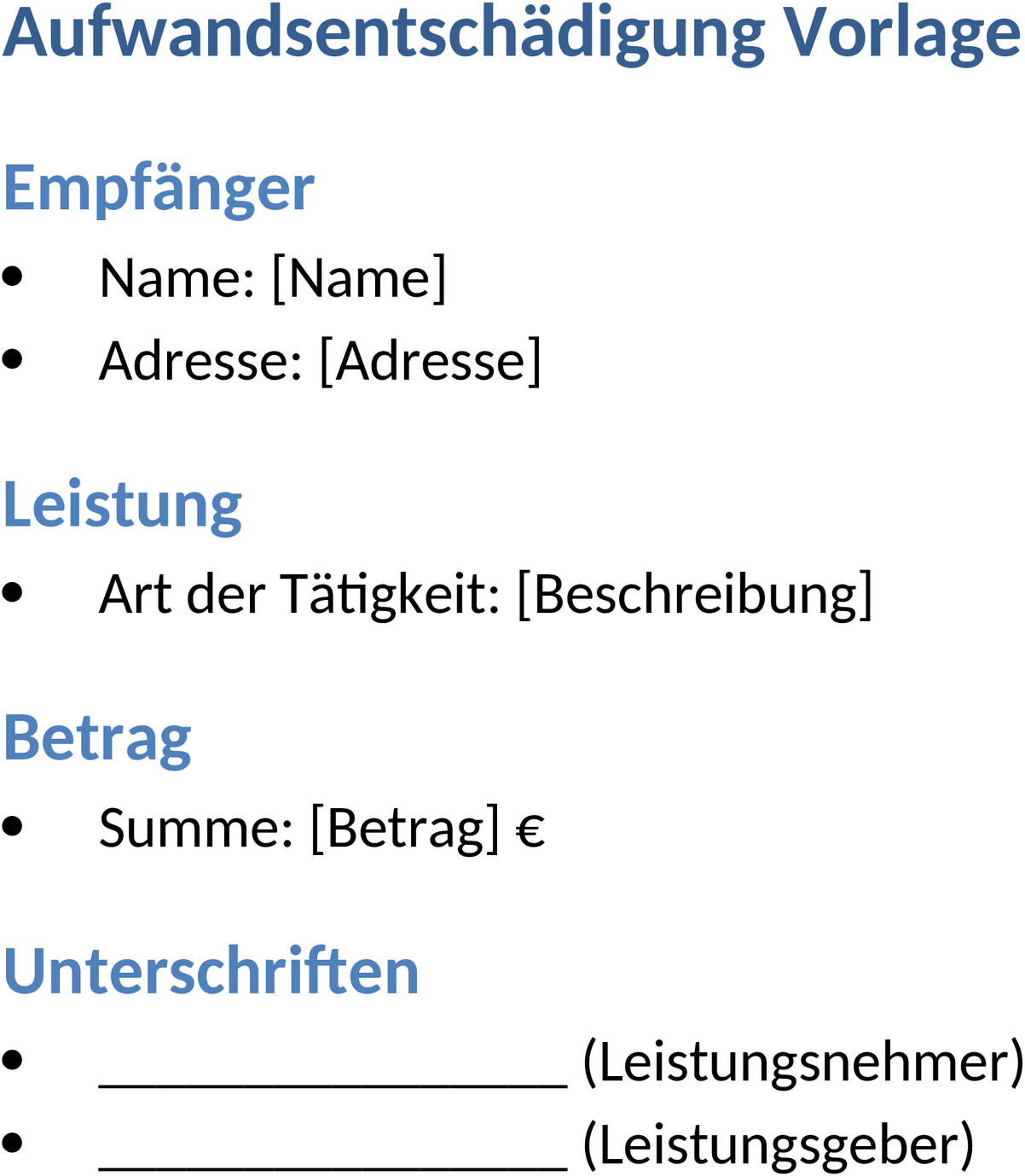 Aufwandsentschädigungs-Vorlage Word-Datei