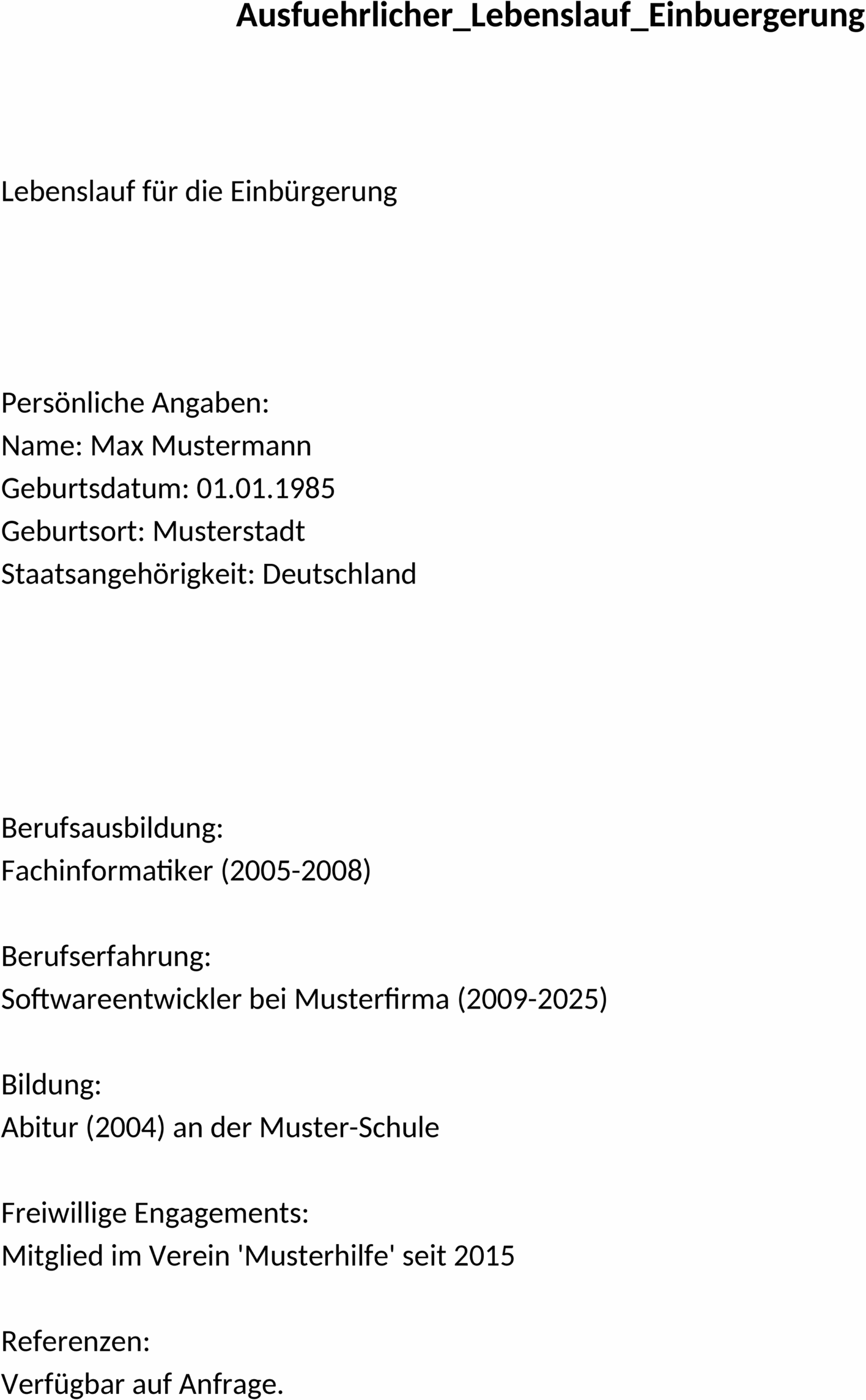 Ausführlicher Lebenslauf für Einbürgerung als Word-Dokument