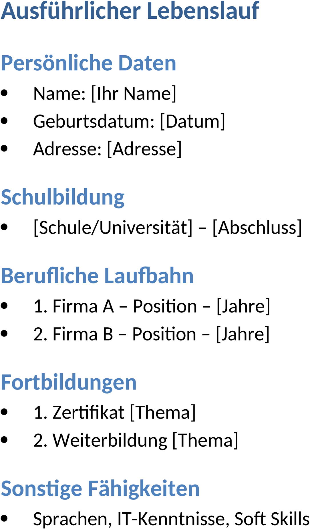 Ausführlicher Lebenslauf als Word-Datei