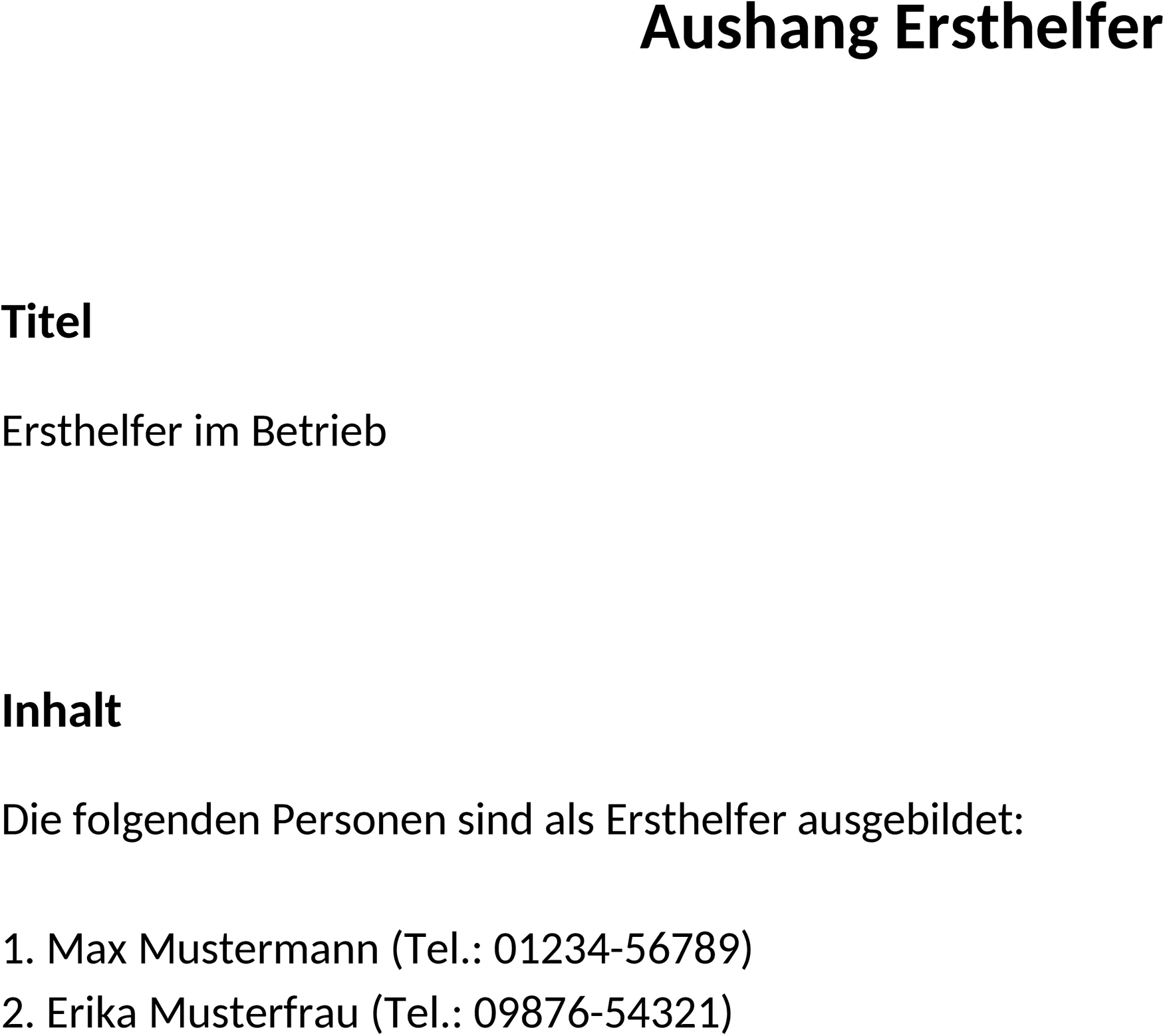 Aushang für Ersthelfer in Word