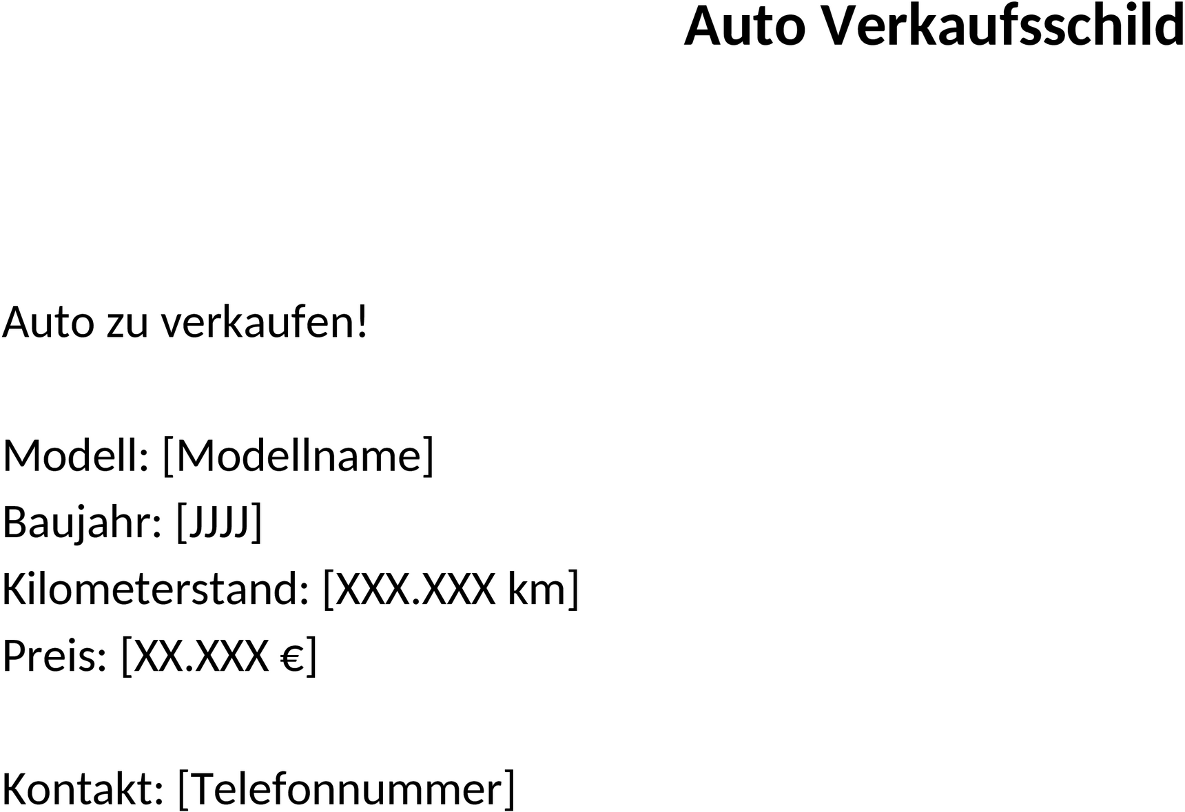Word-Template Auto Verkaufsschild
