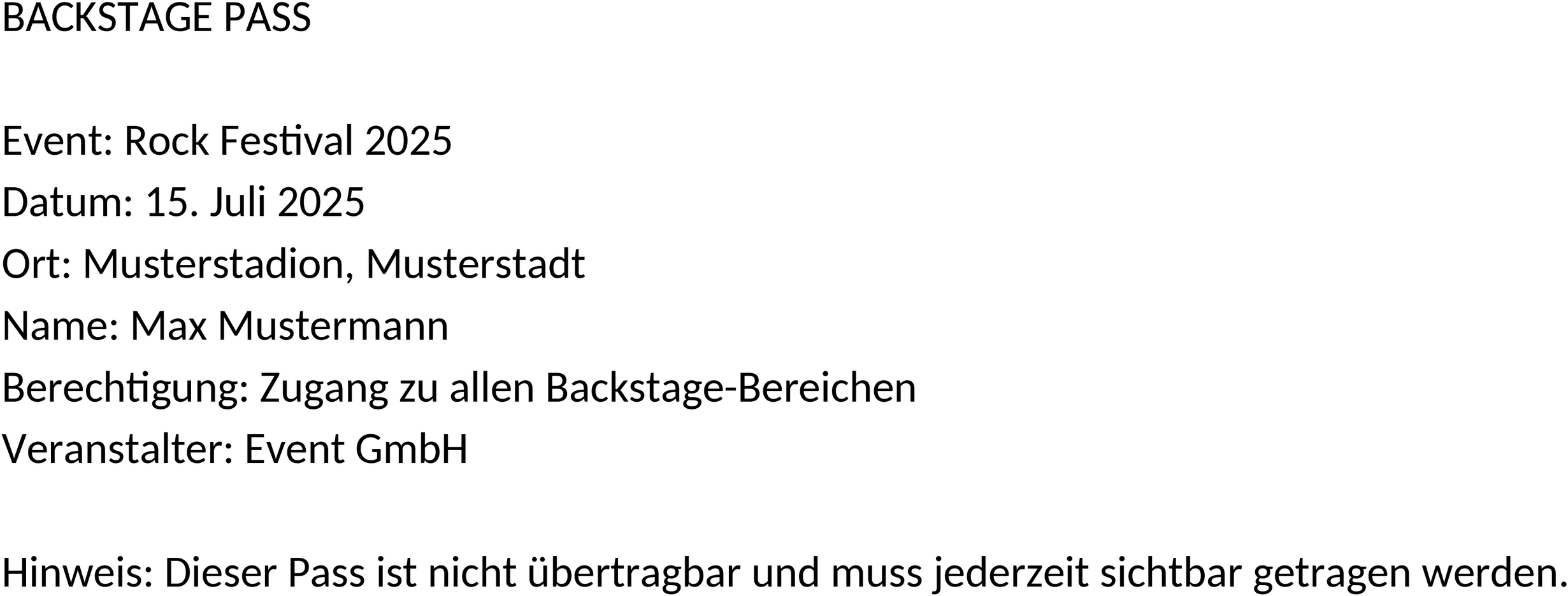 Backstage-Pass-Word-Vorlage für Exklusive Eventzugänge