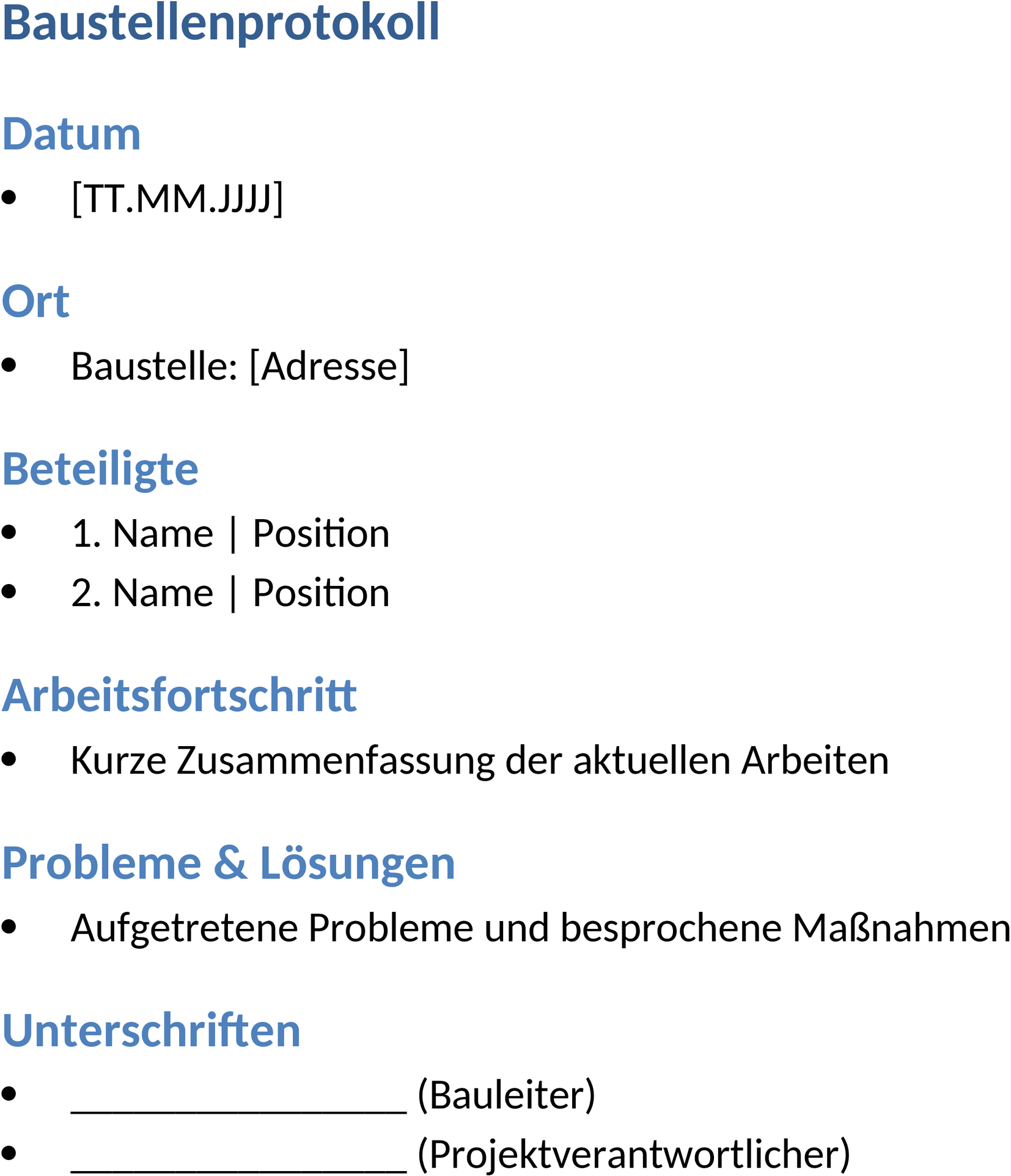 Baustellenprotokoll Word-Vorlage