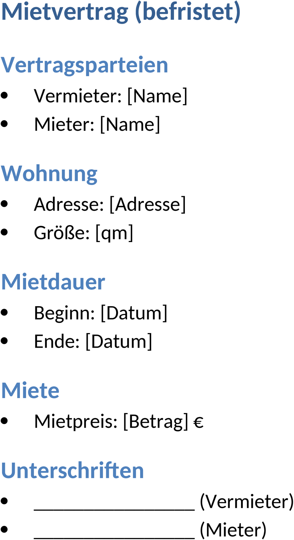 Befristeter Mietvertrag Word Template